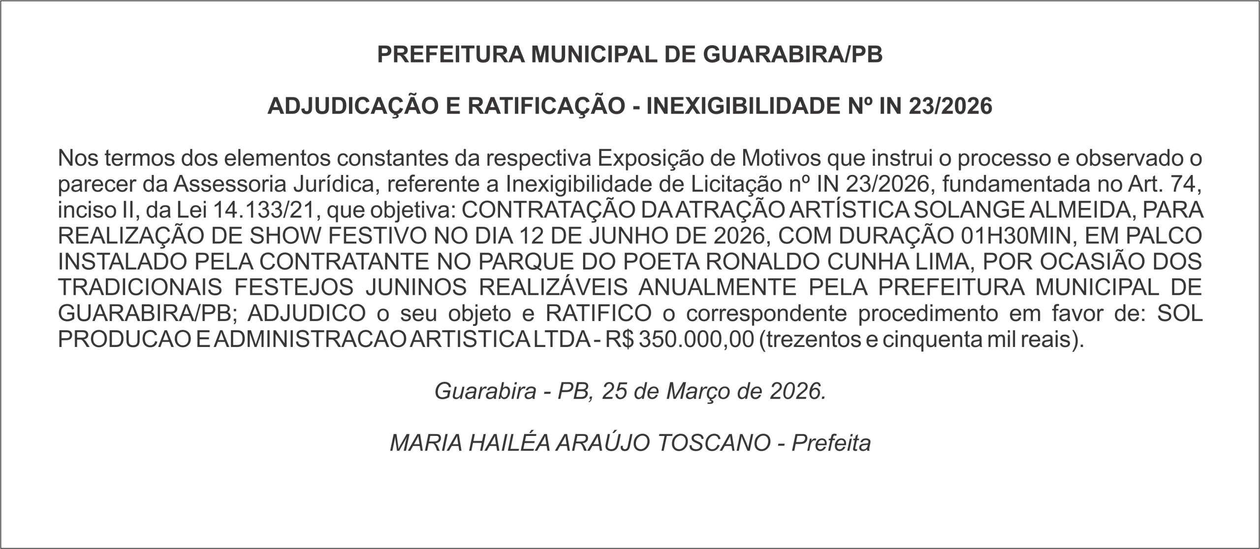 PREFEITURA MUNICIPAL DE GUARABIRA/PB ADJUDICAÇÃO E RATIFICAÇÃO – INEXIGIBILIDADE Nº IN 23/2026