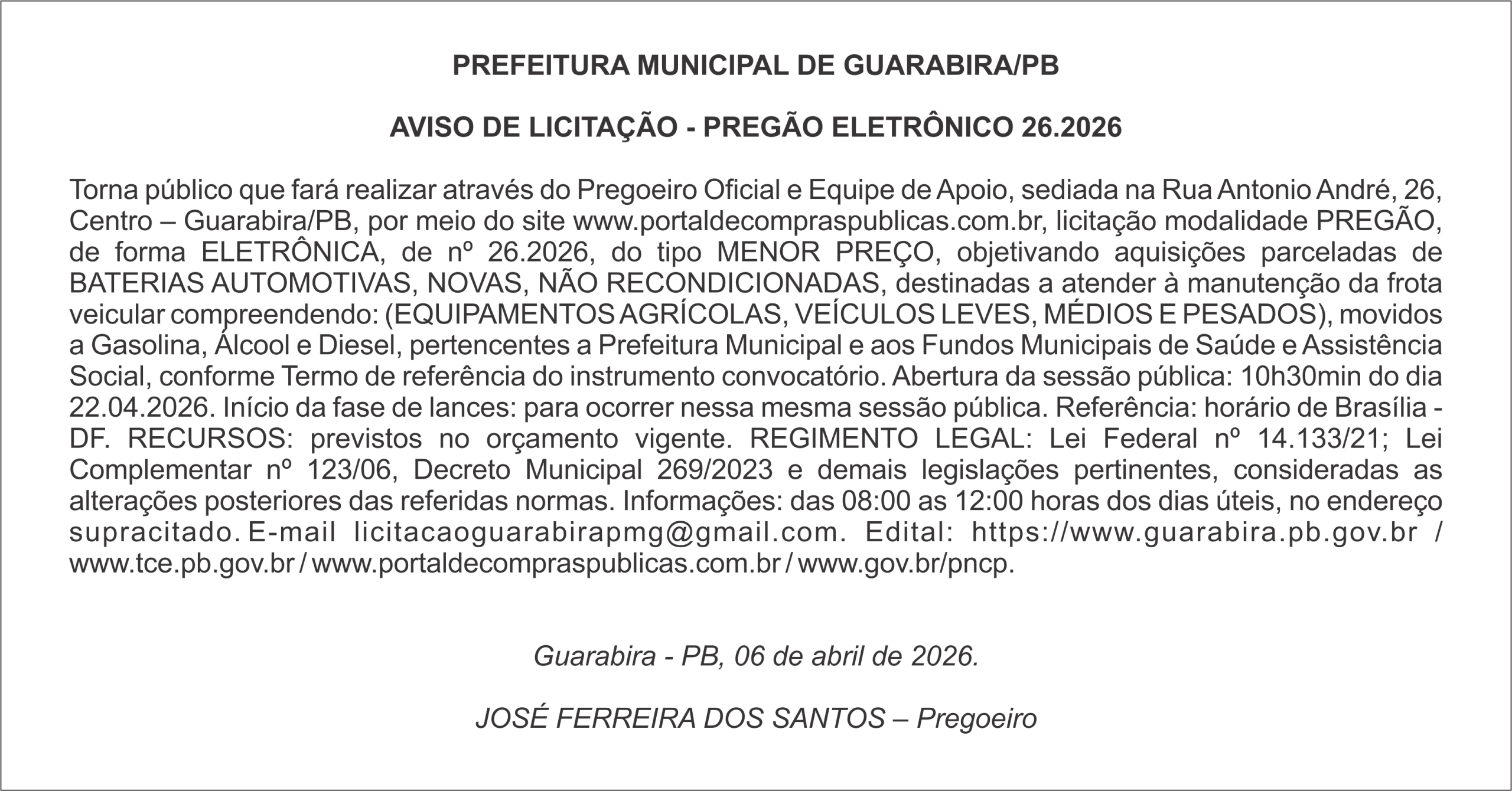 PREFEITURA MUNICIPAL DE GUARABIRA/PB – AVISO DE LICITAÇÃO – PREGÃO ELETRÔNICO 26.2026