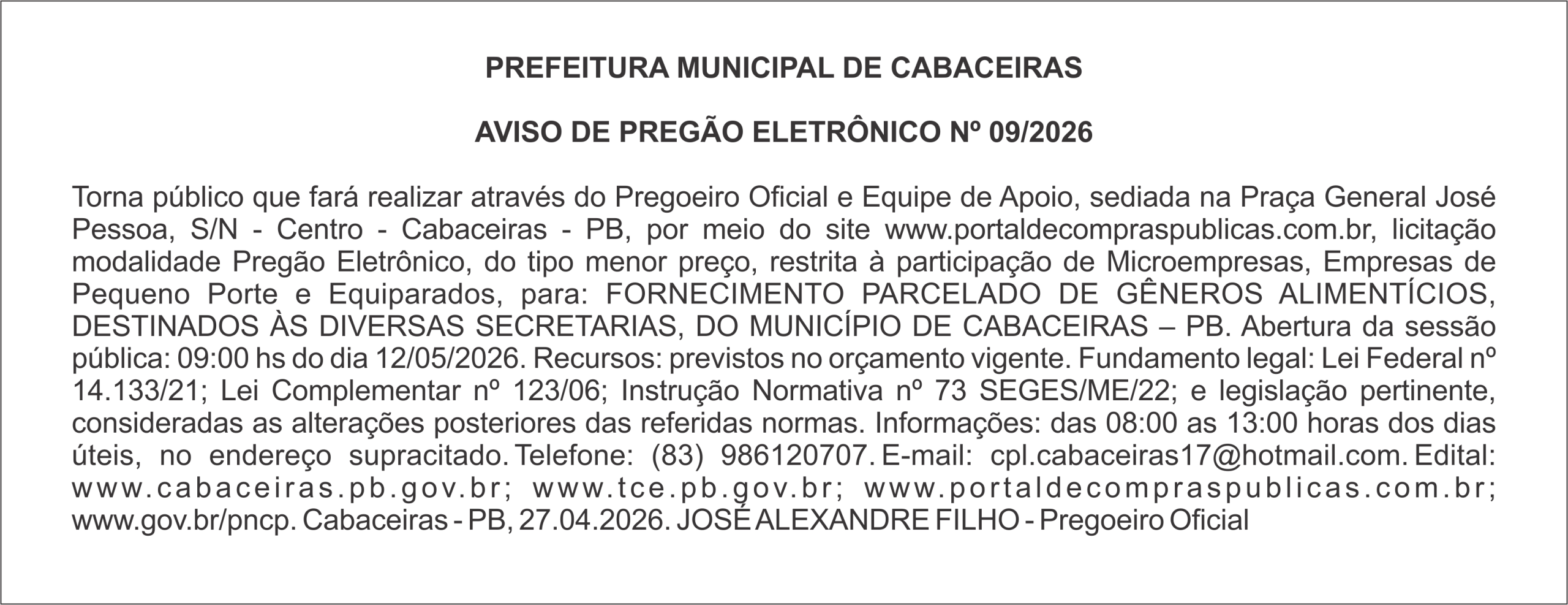 PREFEITURA MUNICIPAL DE CABACEIRAS – AVISO DE PREGÃO ELETRÔNICO Nº 09/2026
