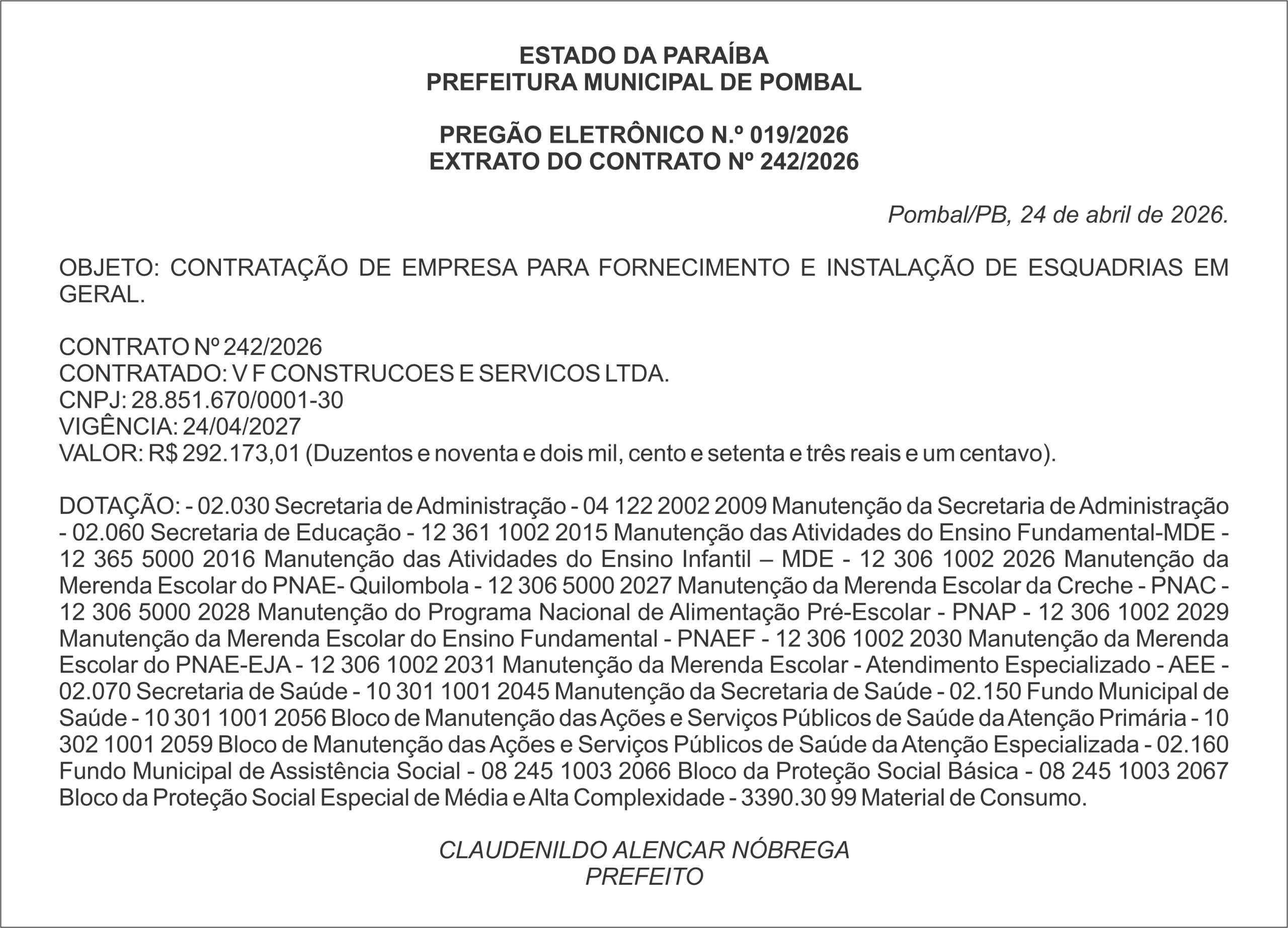 PREFEITURA MUNICIPAL DE POMBAL – PREGÃO ELETRÔNICO N.º 019/2026
