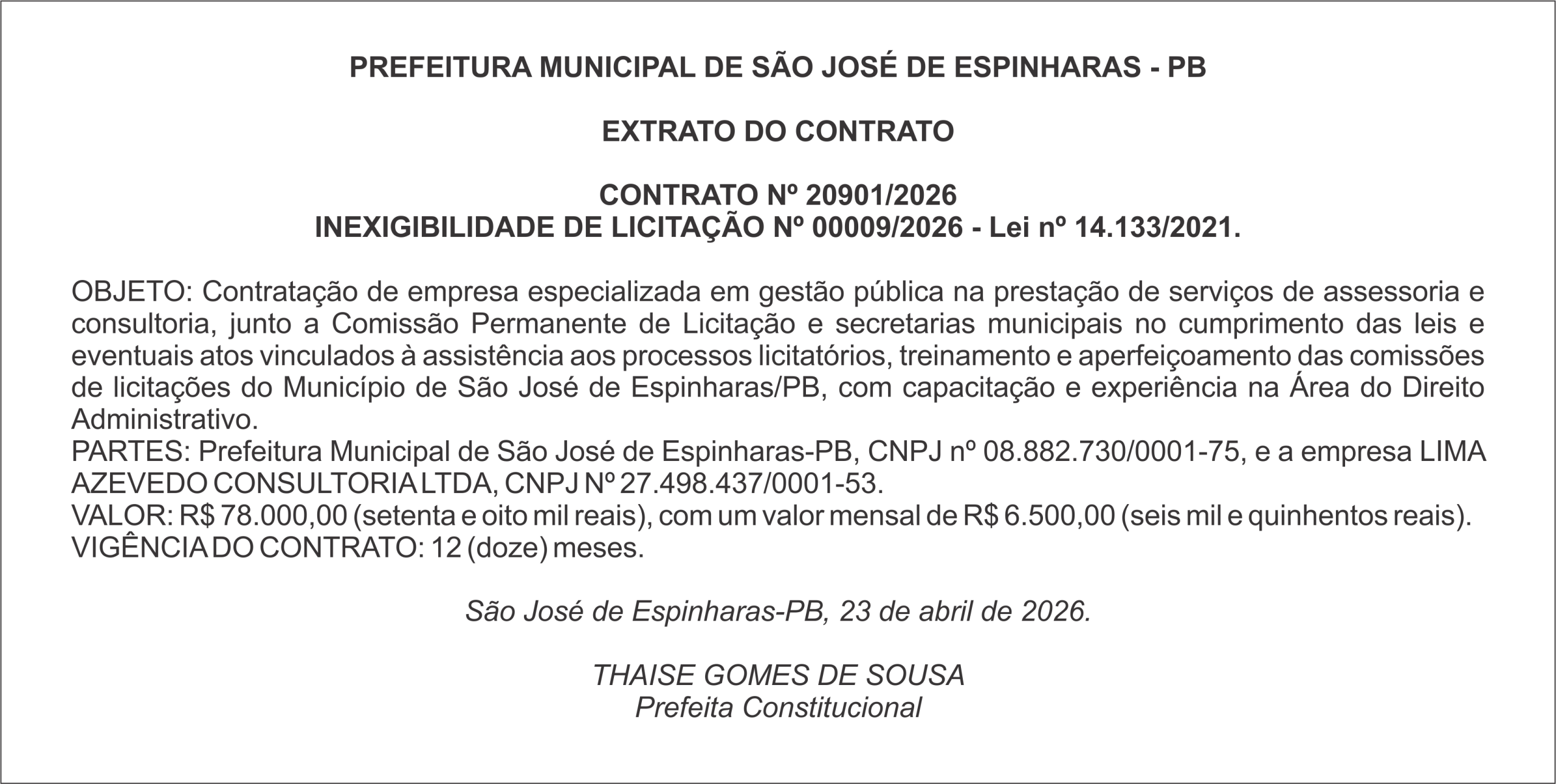 PREFEITURA MUNICIPAL DE SÃO JOSÉ DE ESPINHARAS – PB – EXTRATO DO CONTRATO