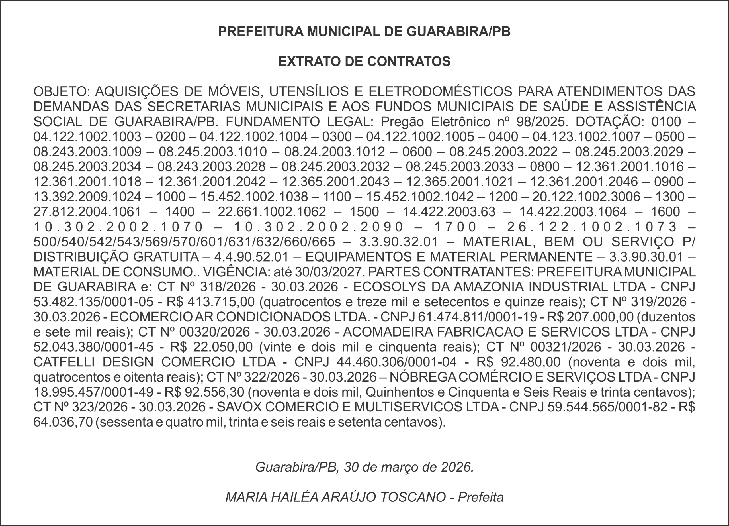 PREFEITURA MUNICIPAL DE GUARABIRA/PB – EXTRATO DE CONTRATOS