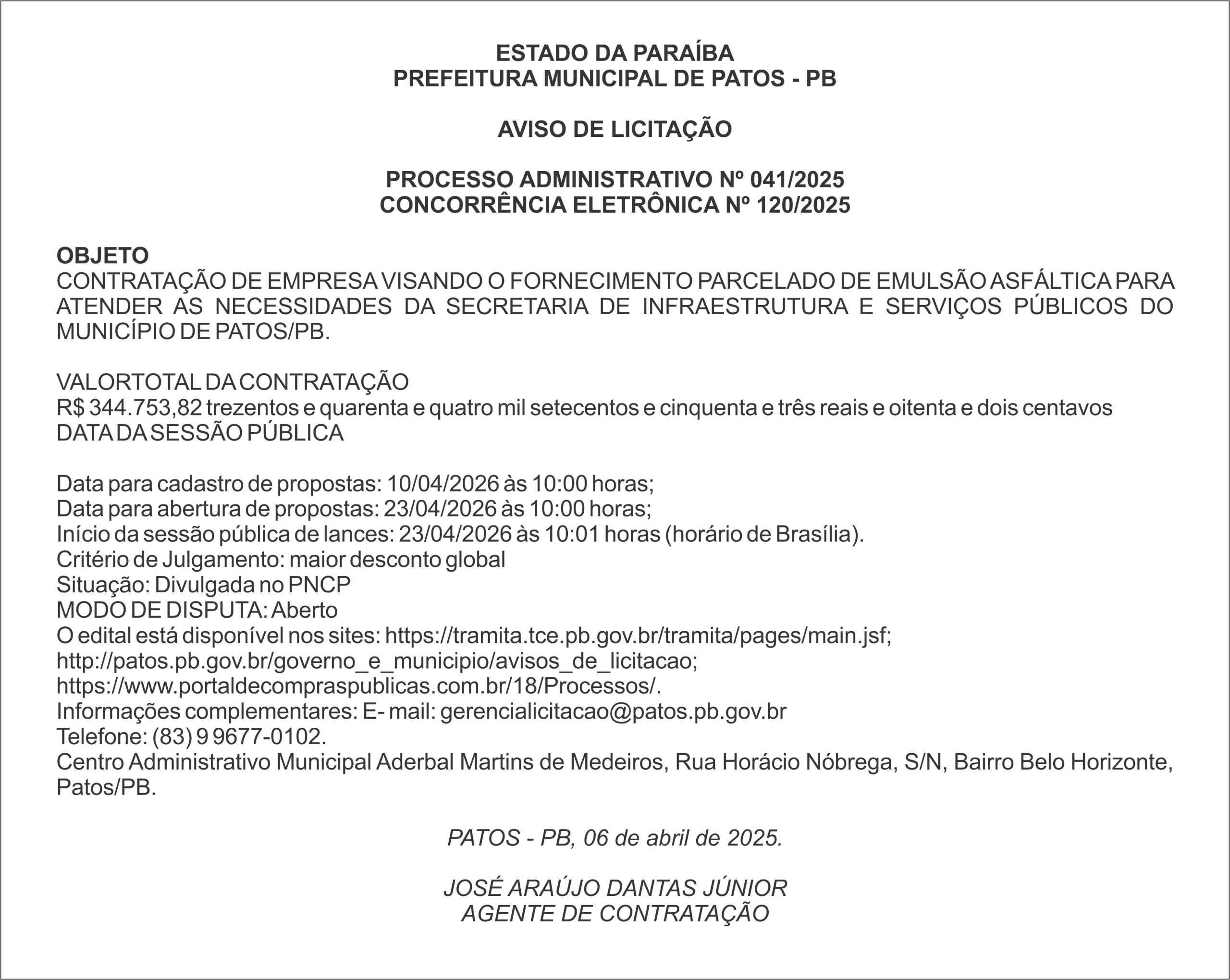 PREFEITURA MUNICIPAL DE PATOS – PB – PROCESSO ADMINISTRATIVO Nº 041/2025