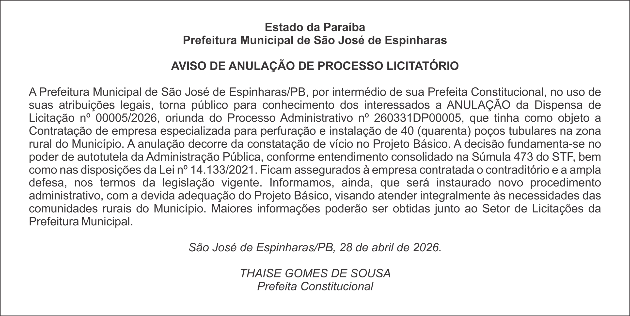 PREFEITURA DE SÃO JOSÉ DE ESPINHARAS – AVISO DE ANULAÇÃO DE PROCESSO LICITATÓRIO
