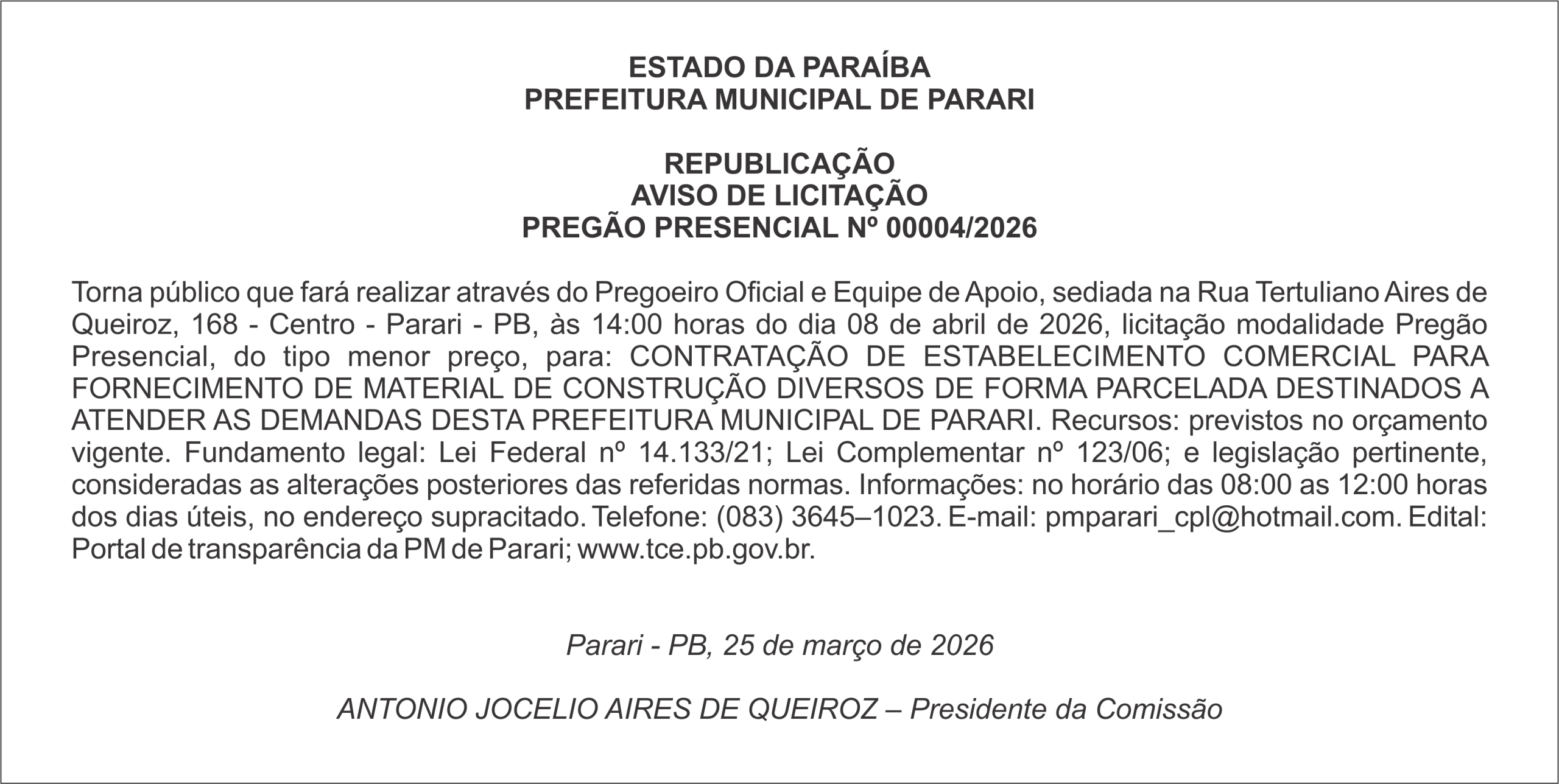 PREFEITURA MUNICIPAL DE PARARI – REPUBLICAÇÃO AVISO DE LICITAÇÃO – PREGÃO PRESENCIAL Nº 00004/2026