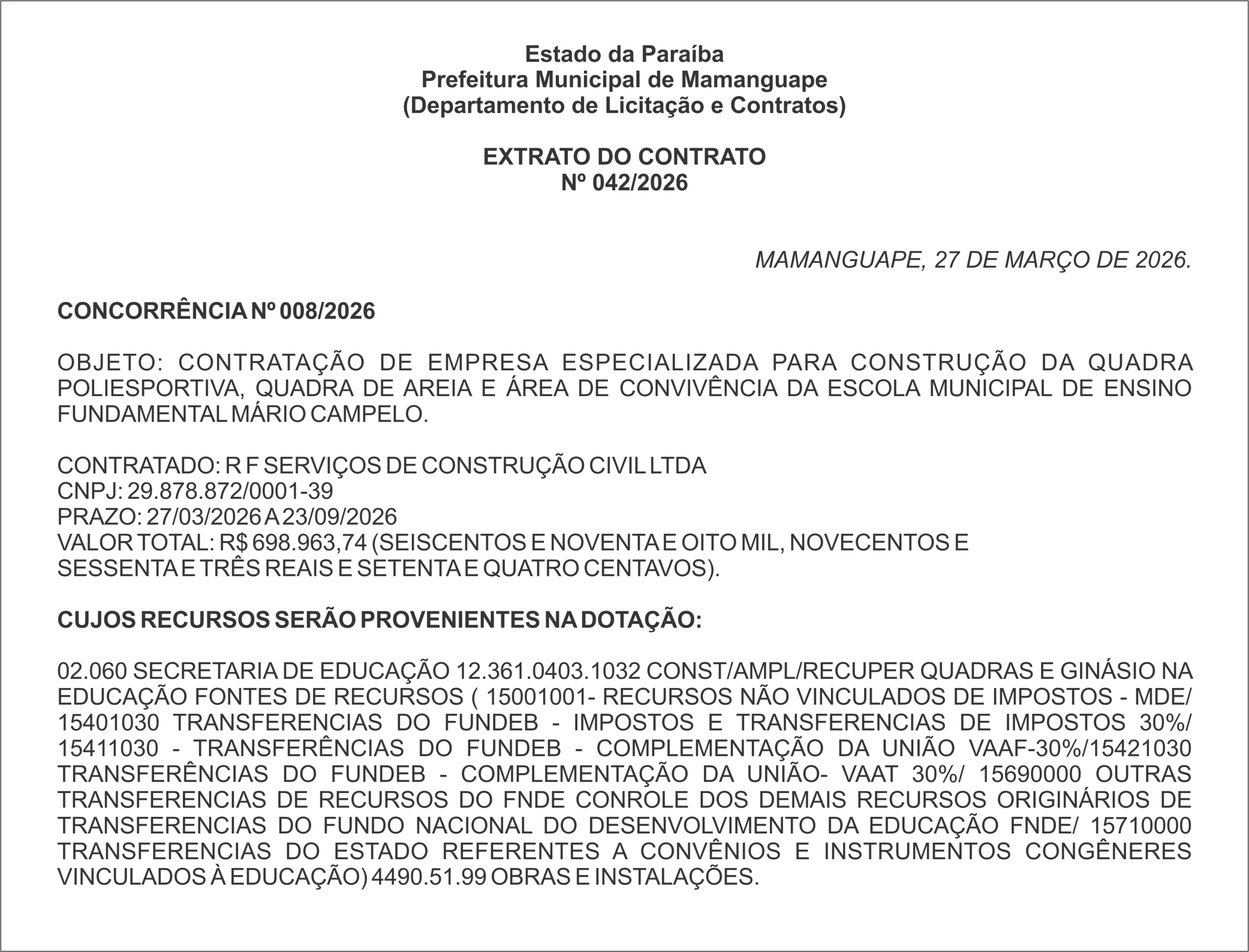 PREFEITURA MUNICIPAL DE MAMANGUAPE – EXTRATO DO CONTRATO Nº 042/2026