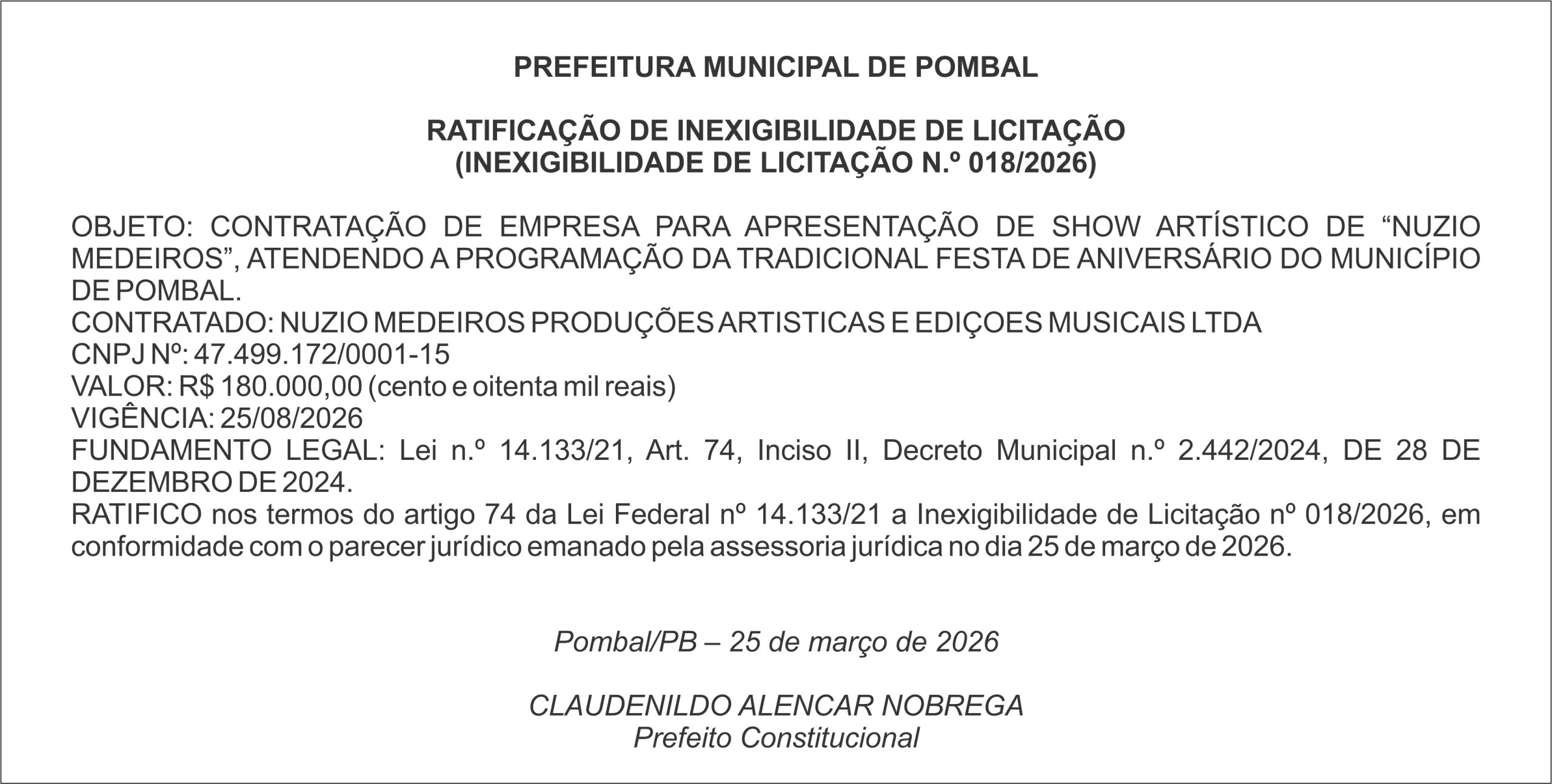 PREFEITURA MUNICIPAL DE POMBAL –  RATIFICAÇÃO DE INEXIGIBILIDADE DE LICITAÇÃO (INEXIGIBILIDADE DE LICITAÇÃO N.º 018/2026)