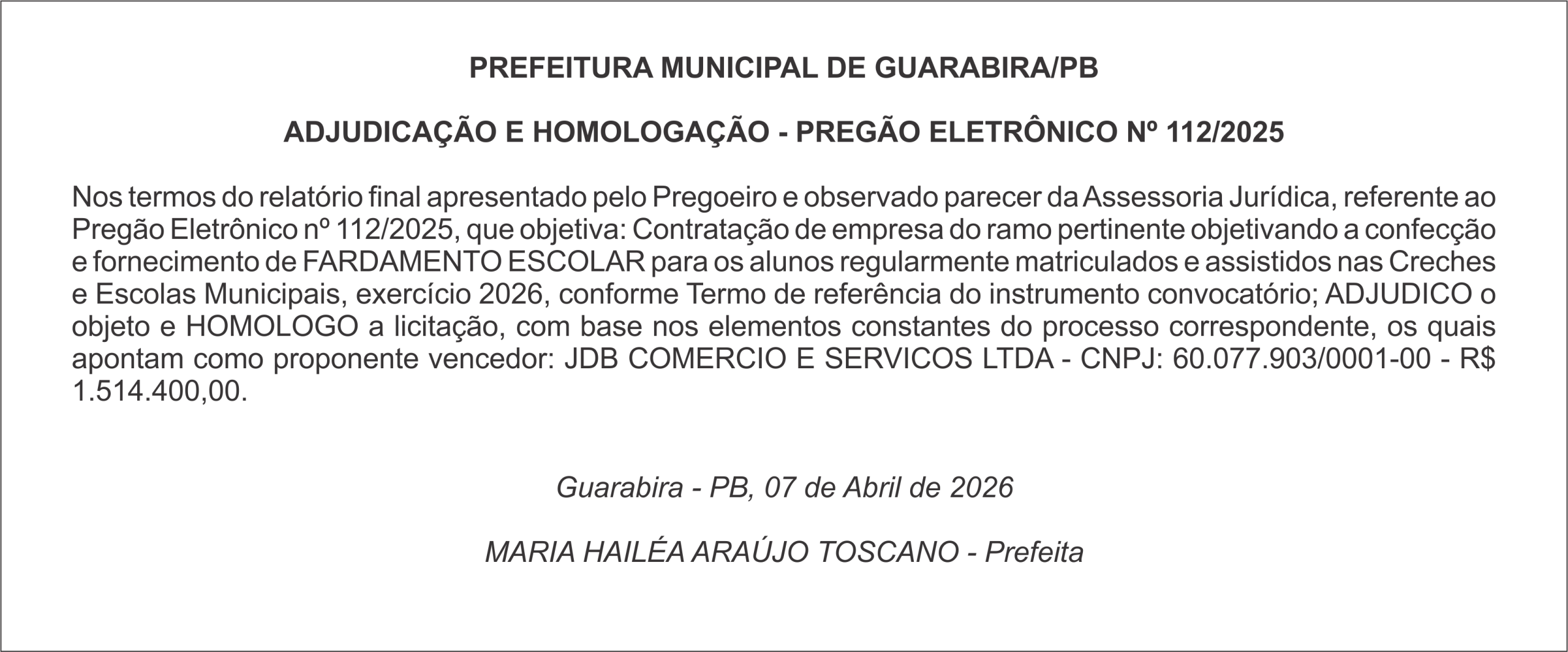PREFEITURA MUNICIPAL DE GUARABIRA/PB   ADJUDICAÇÃO E HOMOLOGAÇÃO – PREGÃO ELETRÔNICO Nº 112/2025