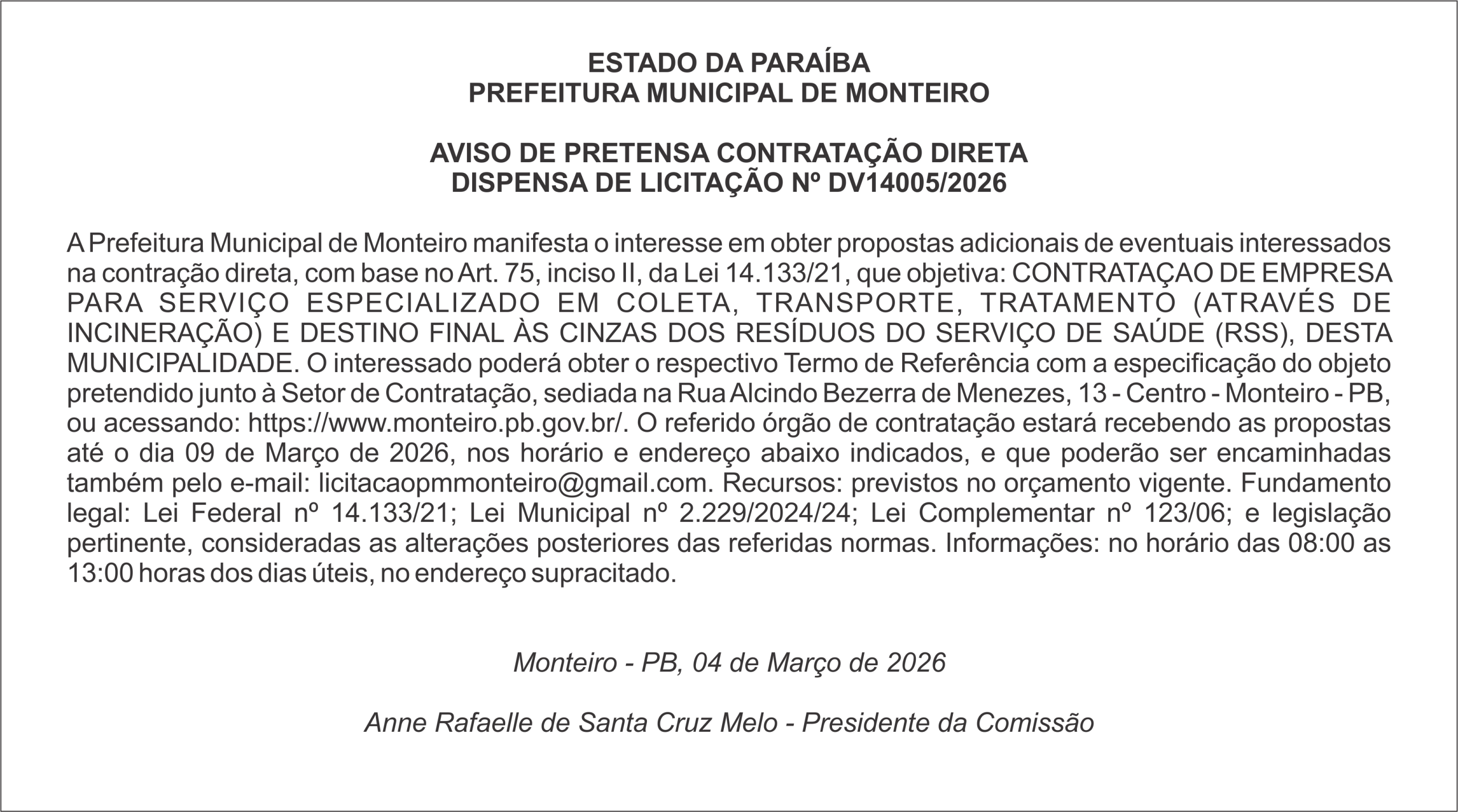 PREFEITURA MUNICIPAL DE MONTEIRO – AVISO DE PRETENSA CONTRATAÇÃO DIRETA