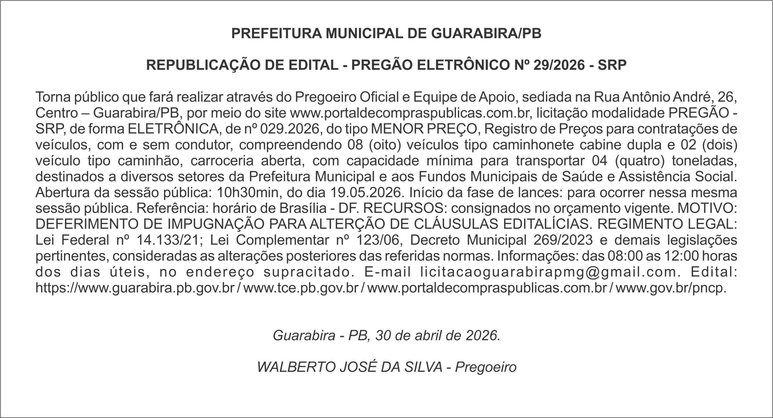 PREFEITURA MUNICIPAL DE GUARABIRA/PB – REPUBLICAÇÃO DE EDITAL – PREGÃO ELETRÔNICO Nº 29/2026 – SRP
