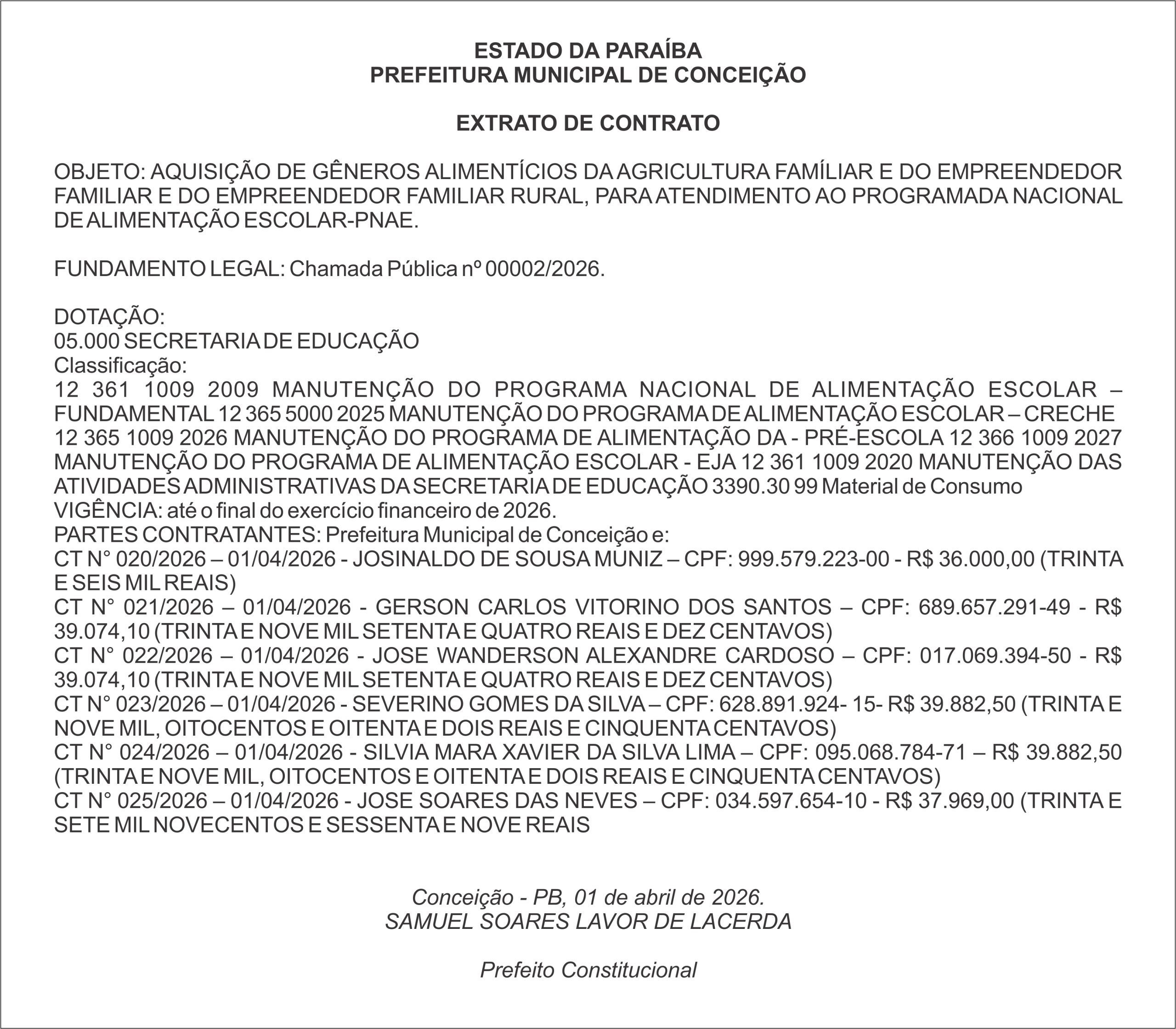 PREFEITURA MUNICIPAL DE CONCEIÇÃO – EXTRATO DE CONTRATO