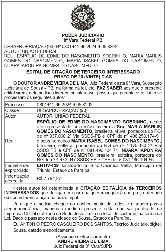 SECRETARIA NACIONAL DE SEGURANÇA HIDRICA – SNSH – MDR – DF – BRASÍLIA – Edital de Citação de Terceiro Interessado – ENTIV-429 (ESPÓLIO DE EDME DO NASCIMENTO SOBRINHO)