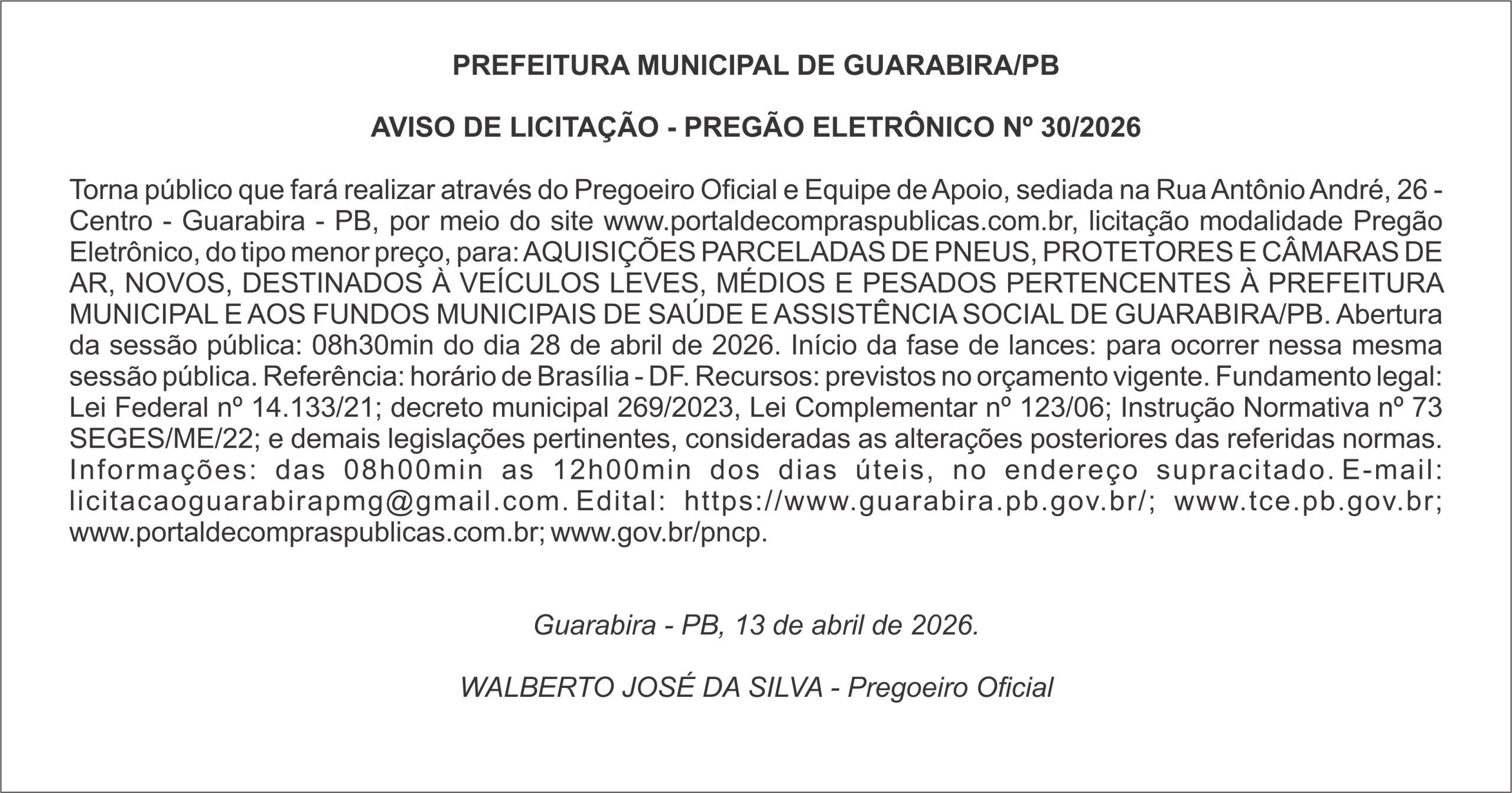 PREFEITURA MUNICIPAL DE GUARABIRA/PB  AVISO DE LICITAÇÃO – PREGÃO ELETRÔNICO Nº 30/2026