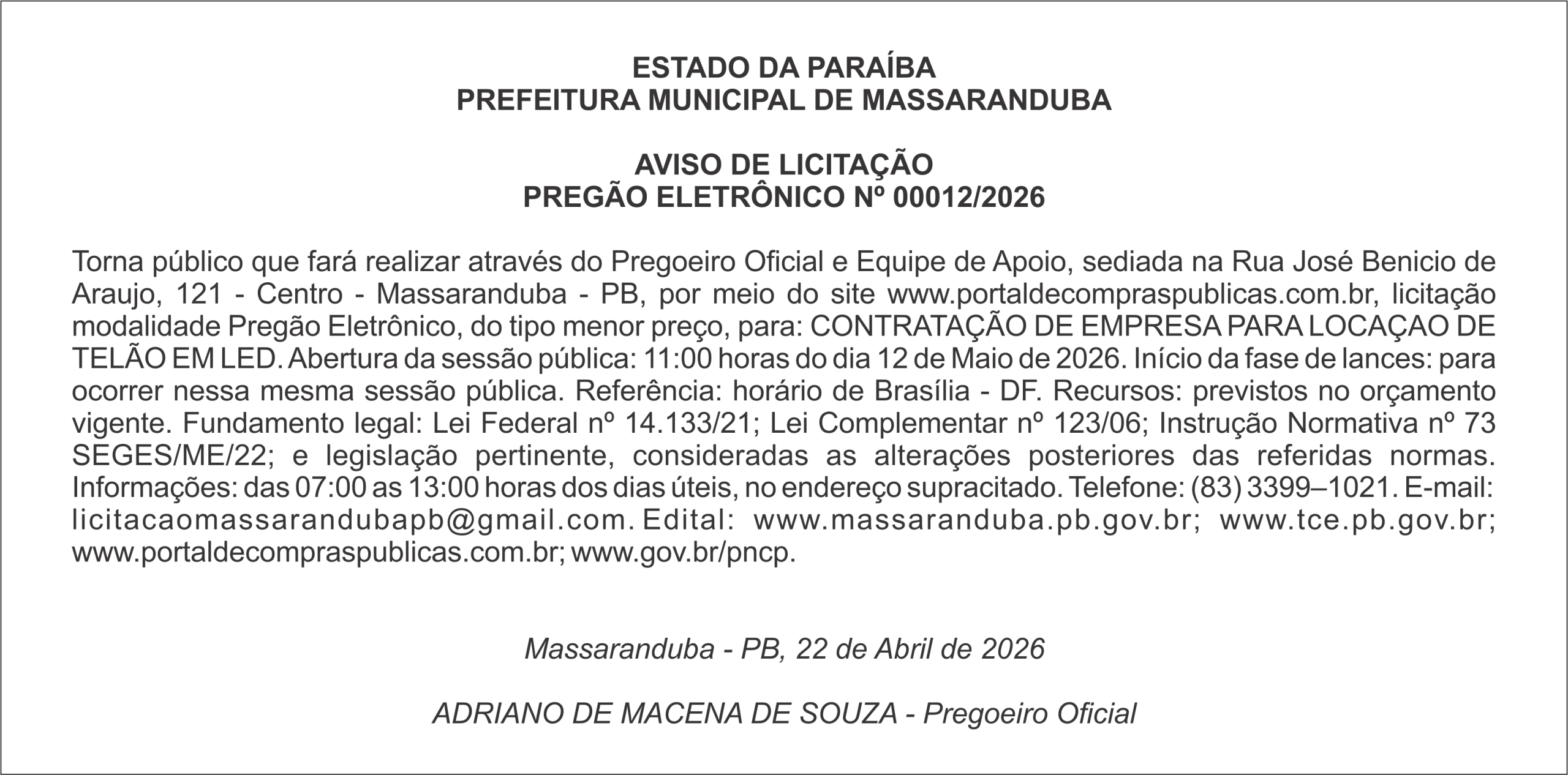 PREFEITURA MUNICIPAL DE MASSARANDUBA – AVISO DE LICITAÇÃO – PREGÃO ELETRÔNICO Nº 00012/2026