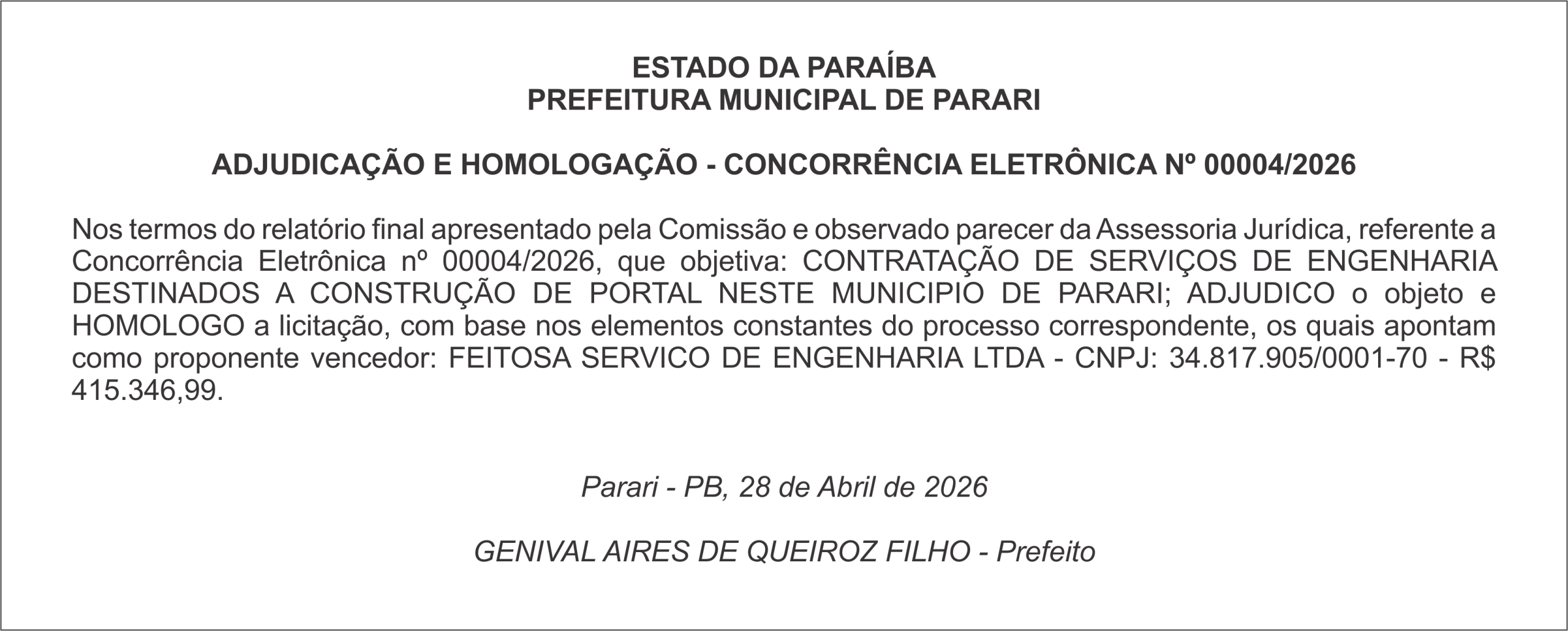 PREFEITURA MUNICIPAL DE PARARI – ADJUDICAÇÃO E HOMOLOGAÇÃO – CONCORRÊNCIA ELETRÔNICA Nº 00004/2026