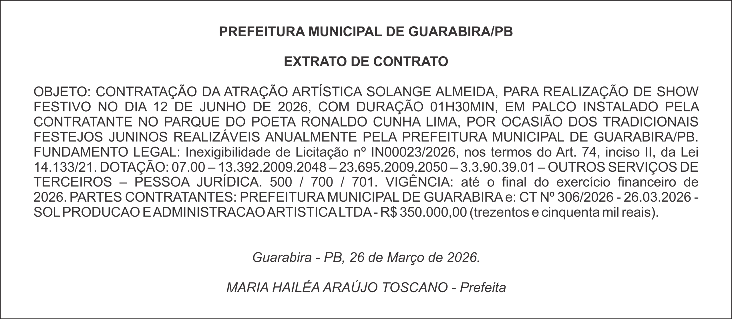 PREFEITURA MUNICIPAL DE GUARABIRA/PB EXTRATO DE CONTRATO