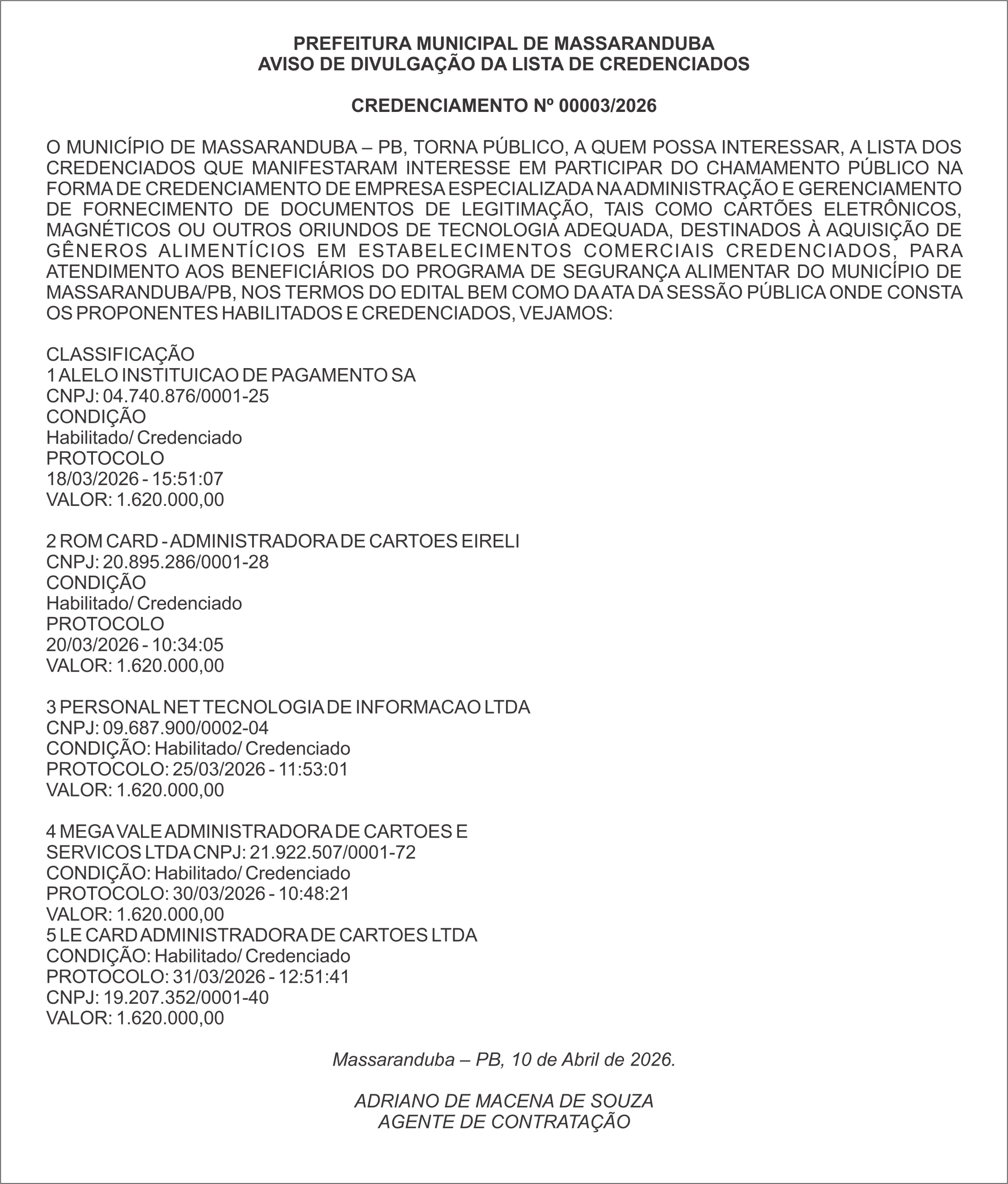 PREFEITURA MUNICIPAL DE MASSARANDUBA AVISO DE DIVULGAÇÃO DA LISTA DE CREDENCIADOS