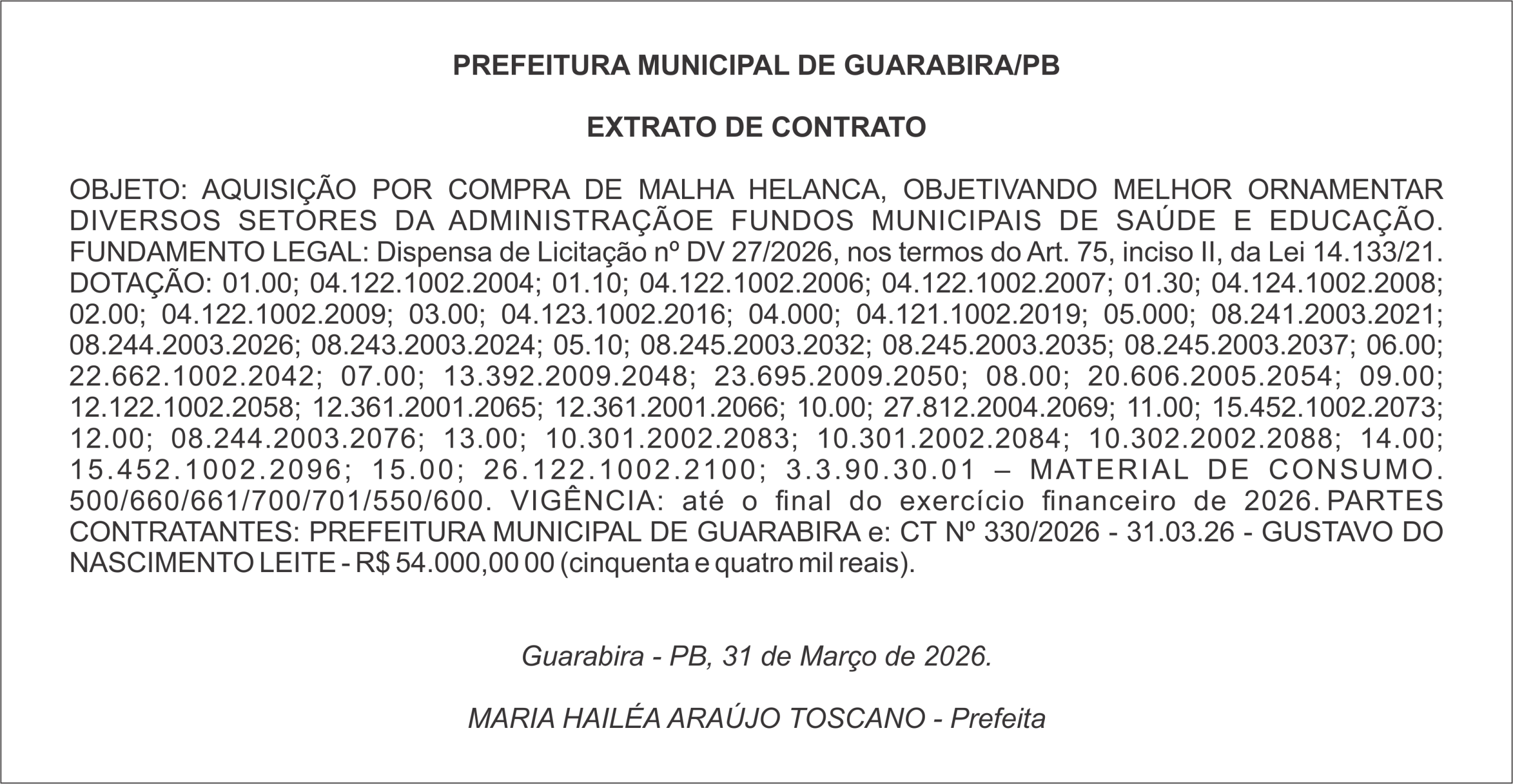 PREFEITURA MUNICIPAL DE GUARABIRA/PB EXTRATO DE CONTRATO