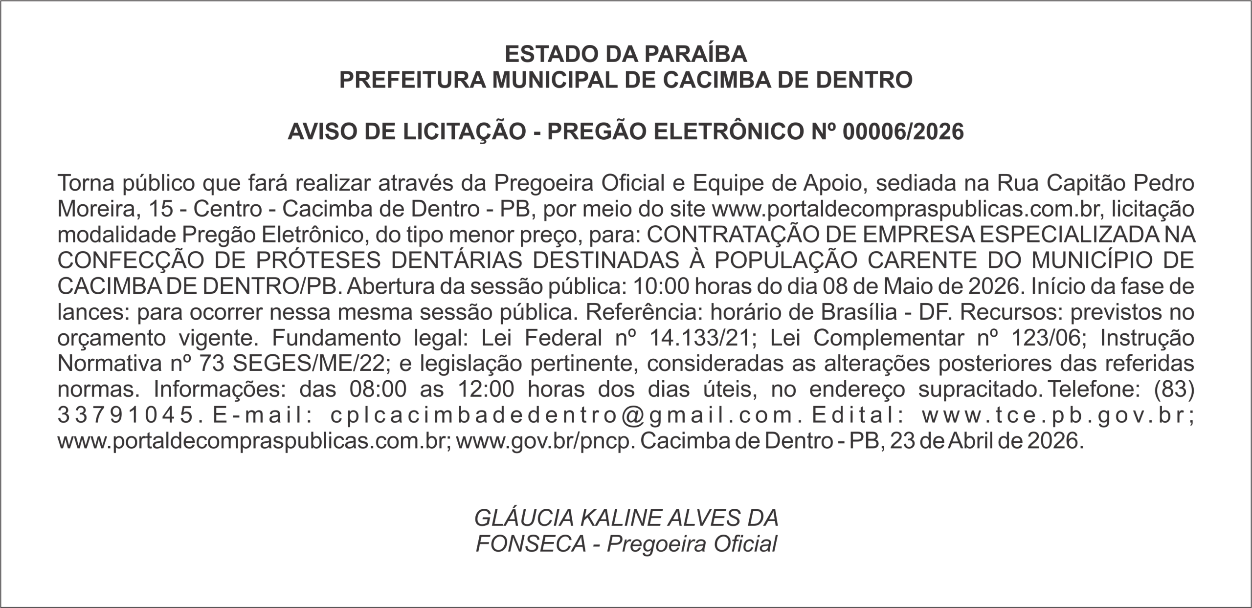 PREFEITURA MUNICIPAL DE CACIMBA DE DENTRO – AVISO DE LICITAÇÃO – PREGÃO ELETRÔNICO Nº 00006/2026