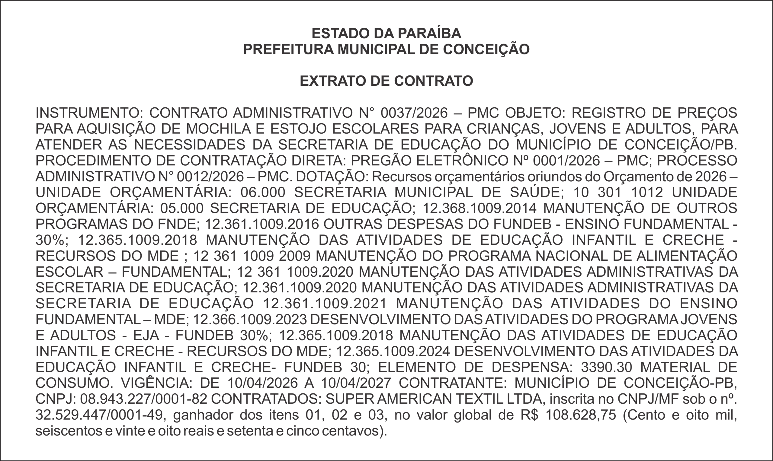 PREFEITURA MUNICIPAL DE CONCEIÇÃO  – EXTRATO DE CONTRATO