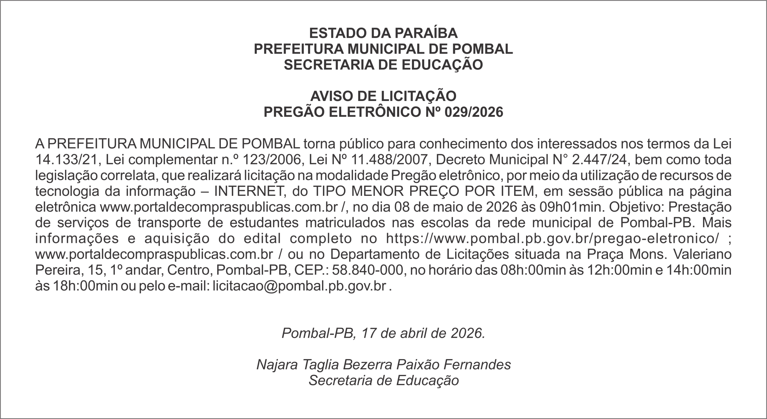 PREFEITURA MUNICIPAL DE POMBAL – AVISO DE LICITAÇÃO – PREGÃO ELETRÔNICO Nº 029/2026
