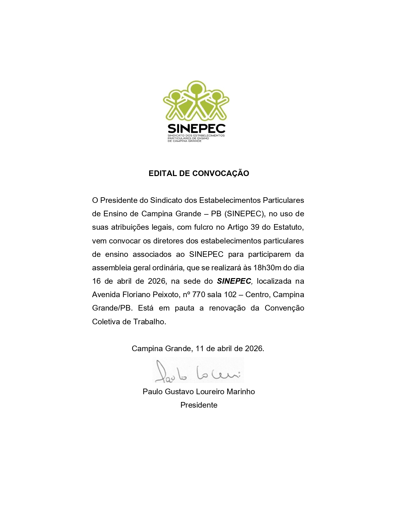 SINEPEC – EDITAL DE CONVOCAÇÃO