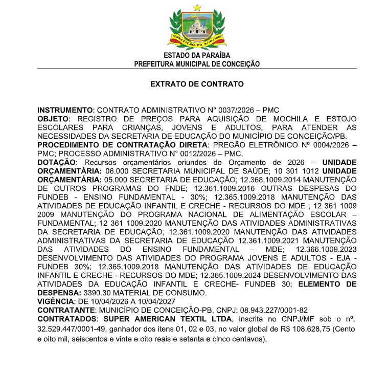 PREFEITURA MUNICIPAL DE CONCEIÇÃO  – EXTRATO DE CONTRATO