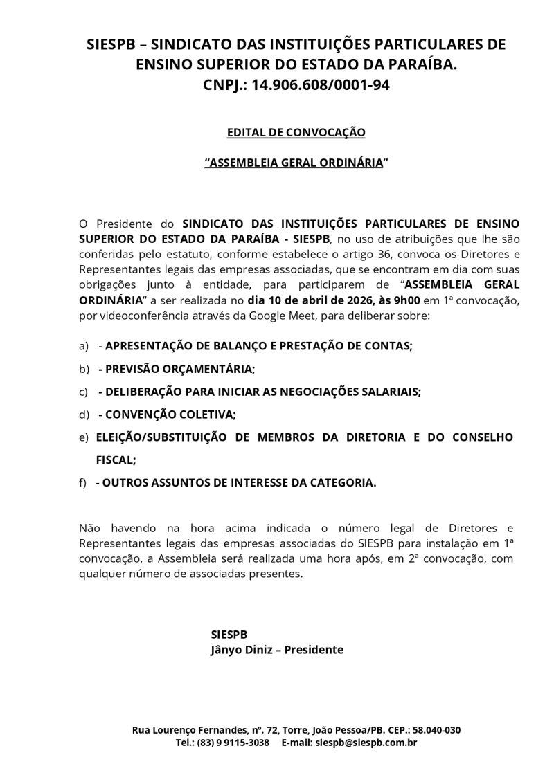 SINDICATO DAS INSTITUIÇÕES PARTICULARES DE ENSINO SUPERIOR DO ESTADO DA PARAÍBA – SIESPB – EDITAL DE CONVOCAÇÃO  – ASSEMBLEIA GERAL ORDINÁRIA