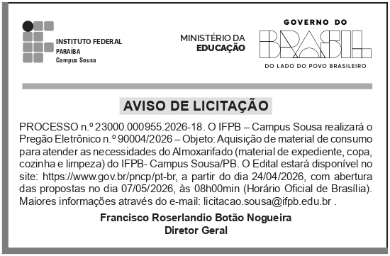 IFPB – PB – SOUSA – CAMPUS – AVISO DE LICITAÇÃO -Pregão Eletrônico No 90004/2026