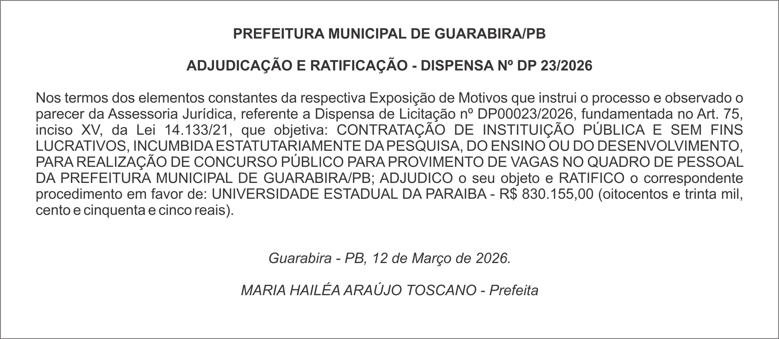 PREFEITURA MUNICIPAL DE GUARABIRA/PB – ADJUDICAÇÃO E RATIFICAÇÃO – DISPENSA Nº DP 23/2026