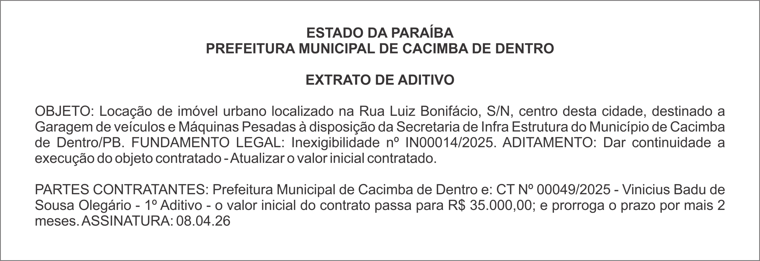 PREFEITURA MUNICIPAL DE CACIMBA DE DENTRO – EXTRATO DE ADITIVO