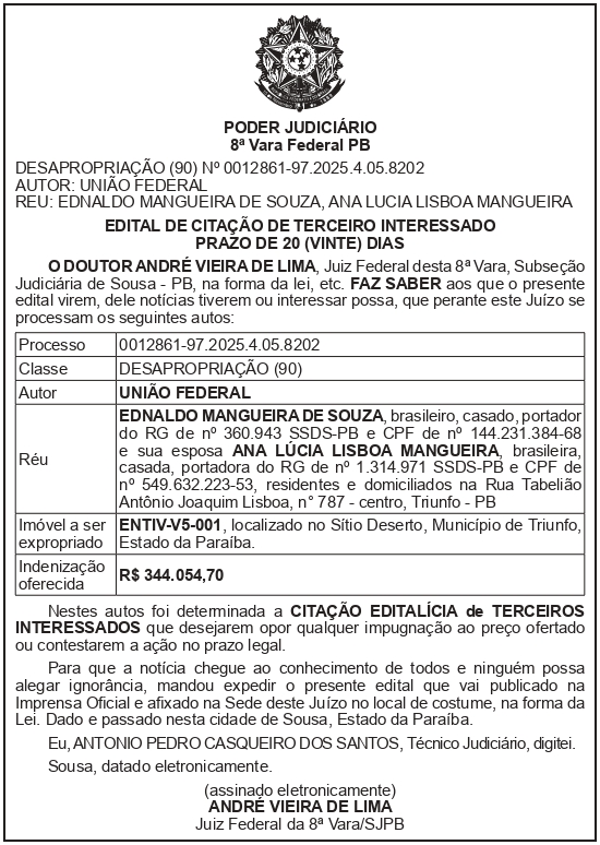 SECRETARIA NACIONAL DE SEGURANÇA HIDRICA – SNSH – MDR – DF – BRASÍLIA – Edital de Citação de Terceiro Interessado – ENTIV-V5-001 (EDNALDO MANGUEIRA DE SOUZA)