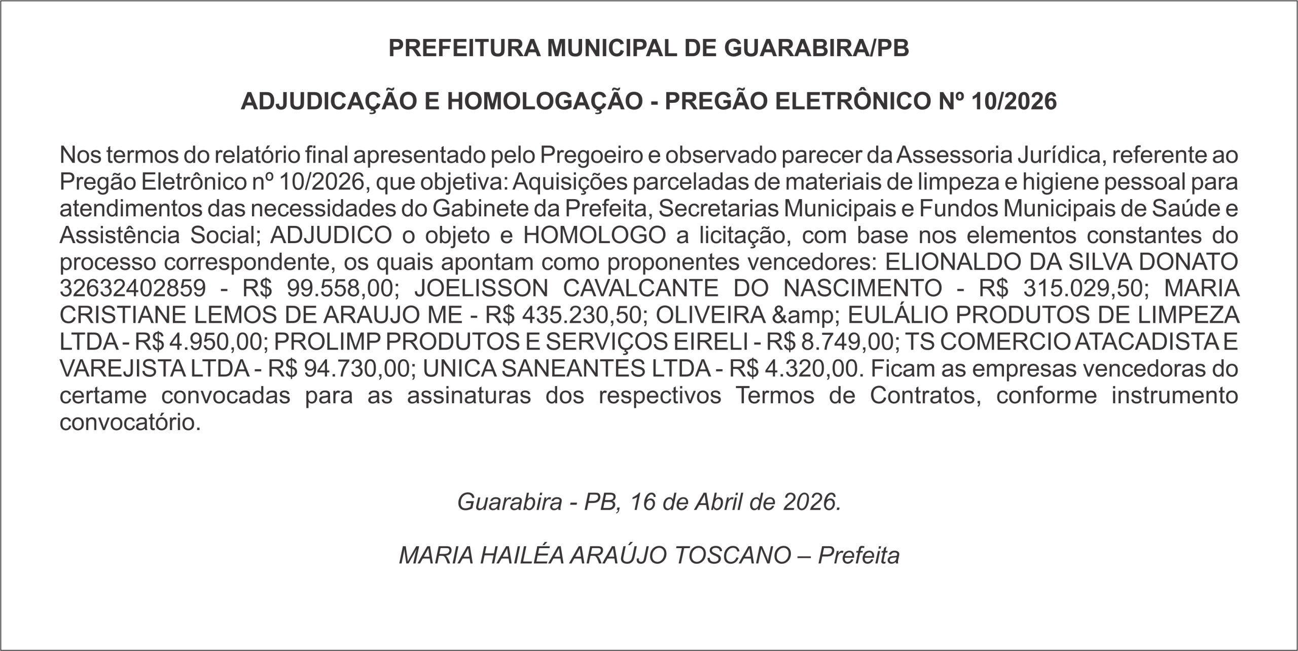 PREFEITURA MUNICIPAL DE GUARABIRA/PB – ADJUDICAÇÃO E HOMOLOGAÇÃO – PREGÃO ELETRÔNICO Nº 10/2026
