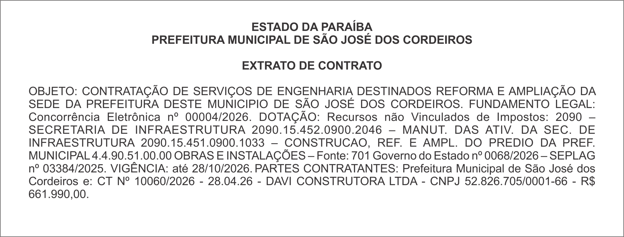 PREFEITURA MUNICIPAL DE SÃO JOSÉ DOS CORDEIROS – EXTRATO DE CONTRATO