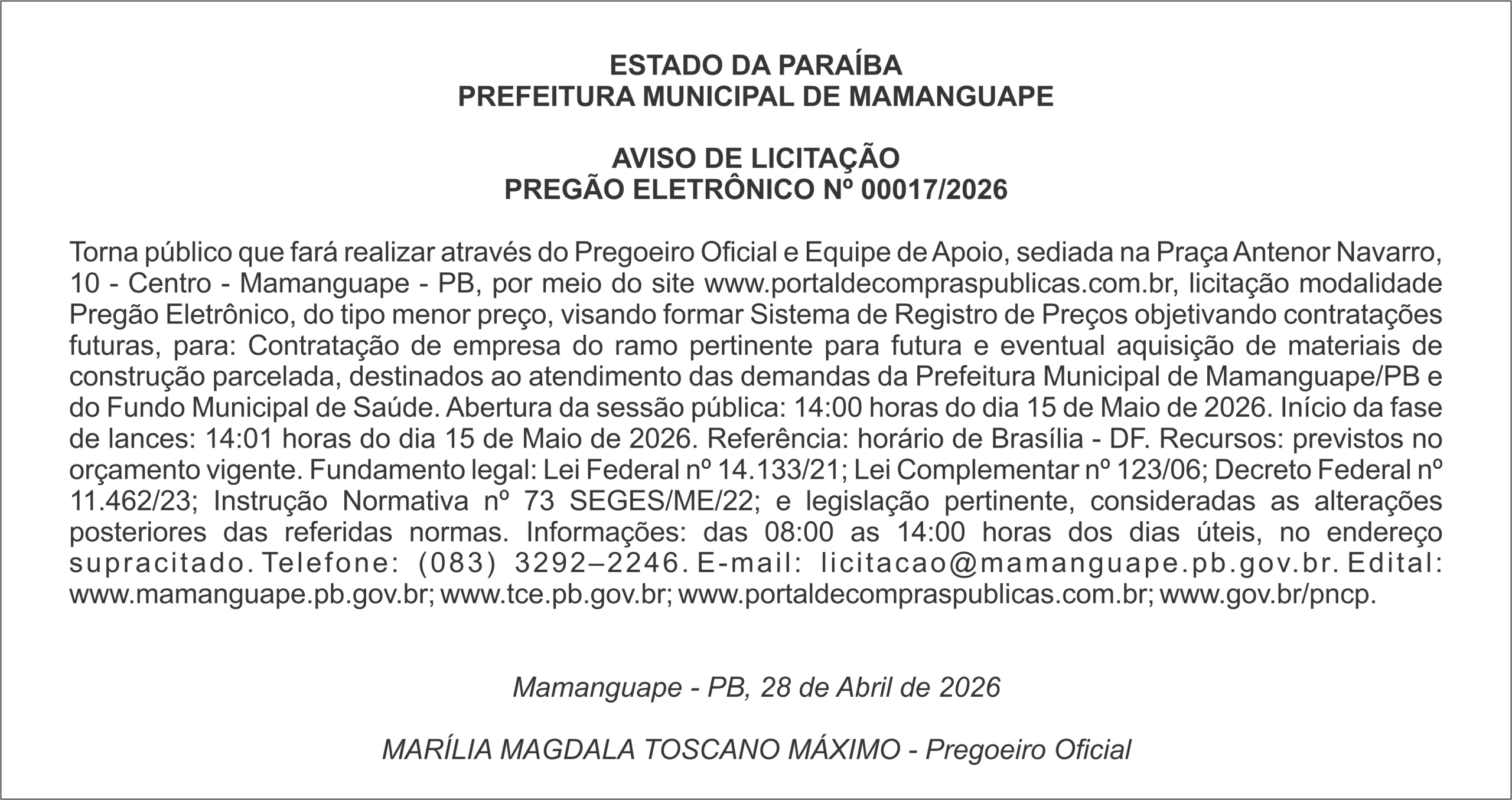 PREFEITURA MUNICIPAL DE MAMANGUAPE  –  AVISO DE LICITAÇÃO – PREGÃO ELETRÔNICO Nº 00017/2026