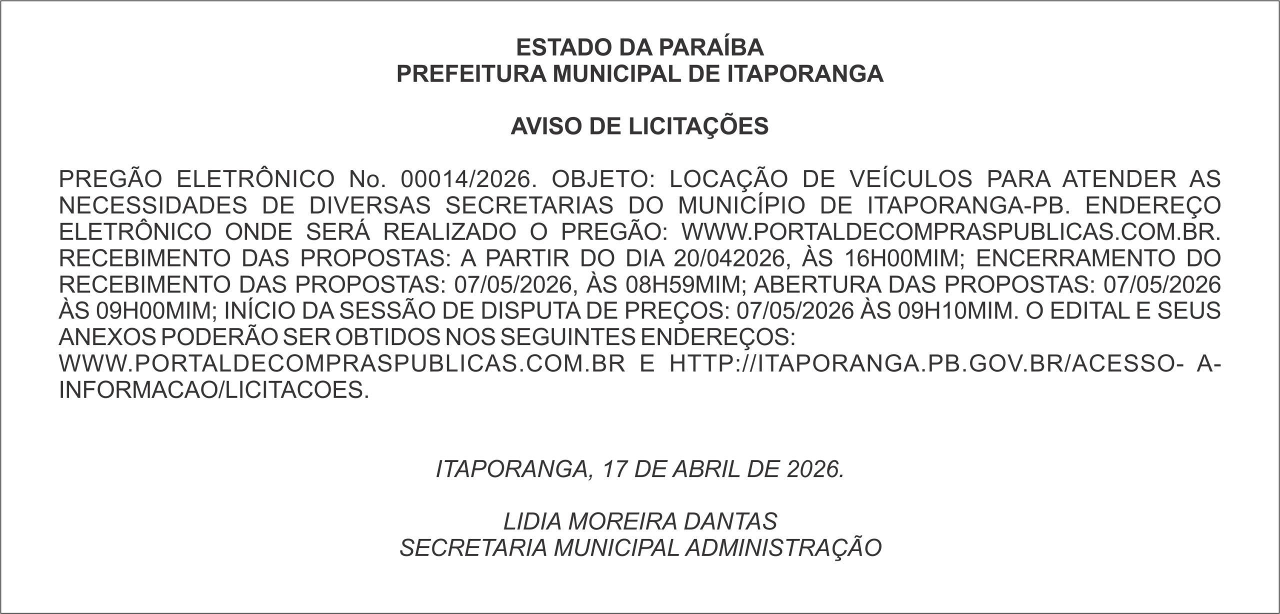 PREFEITURA MUNICIPAL DE ITAPORANGA – AVISO DE LICITAÇÕES  PREGÃO ELETRÔNICO No. 00014/2026