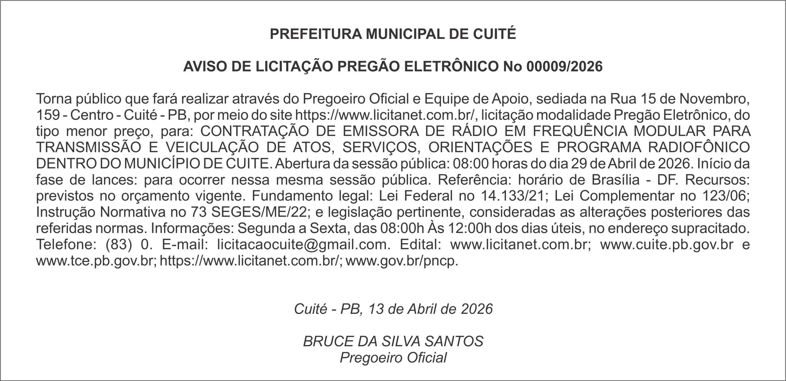 PREFEITURA MUNICIPAL DE CUITÉ  AVISO DE LICITAÇÃO PREGÃO ELETRÔNICO No 00009/2026
