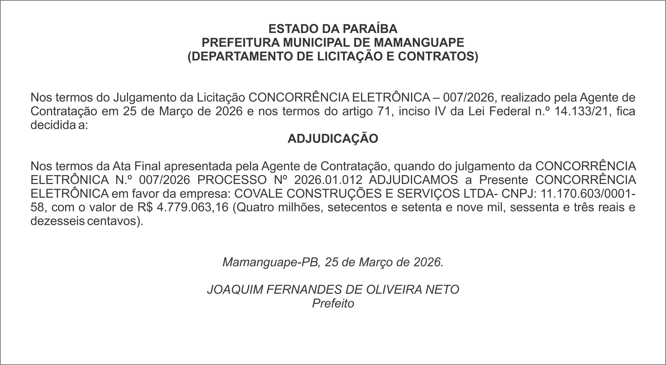 PREFEITURA MUNICIPAL DE MAMANGUAPE – ADJUDICAÇÃO