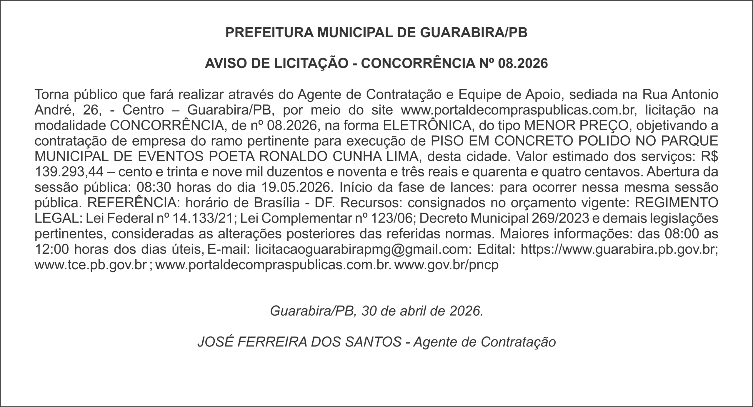 PREFEITURA MUNICIPAL DE GUARABIRA/PB – AVISO DE LICITAÇÃO – CONCORRÊNCIA Nº 08.2026