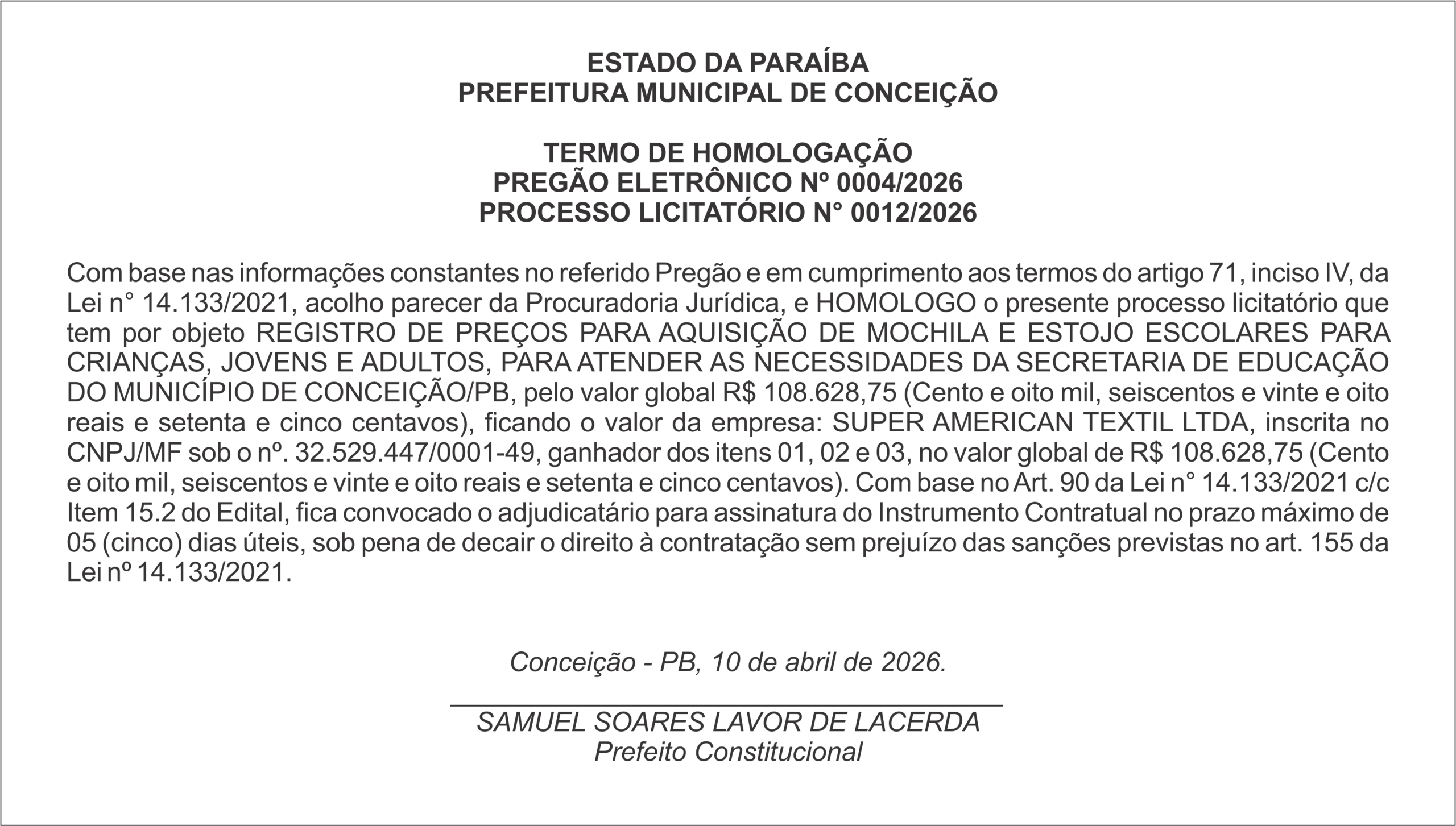 PREFEITURA MUNICIPAL DE CONCEIÇÃO – TERMO DE HOMOLOGAÇÃO