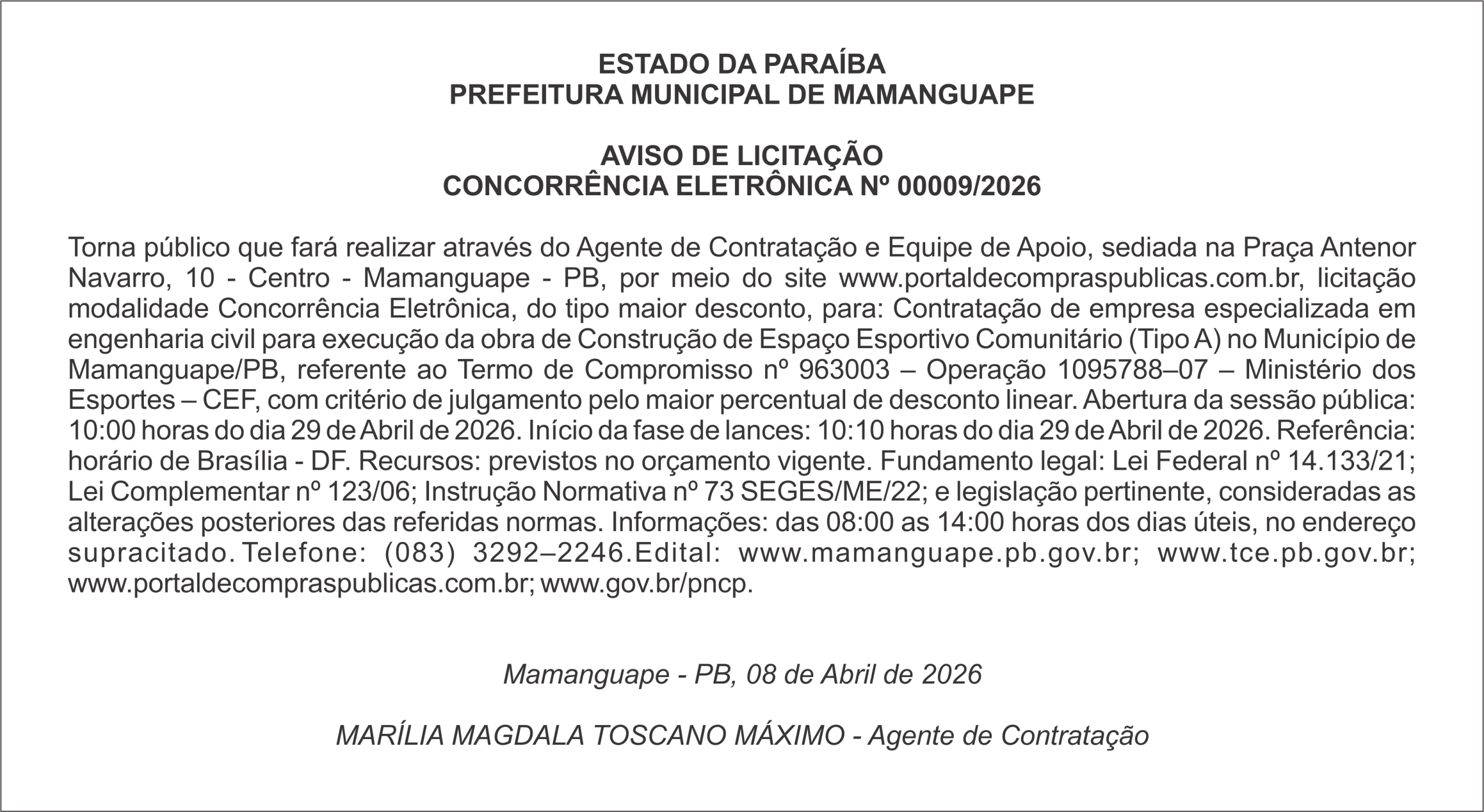 PREFEITURA MUNICIPAL DE MAMANGUAPE – AVISO DE LICITAÇÃO – CONCORRÊNCIA ELETRÔNICA Nº 00009/2026