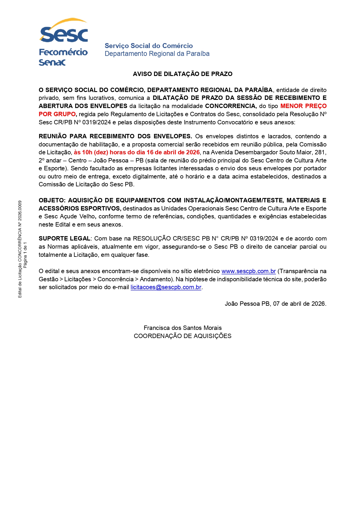SESC – AVISO DE DILATAÇÃO DE PRAZO