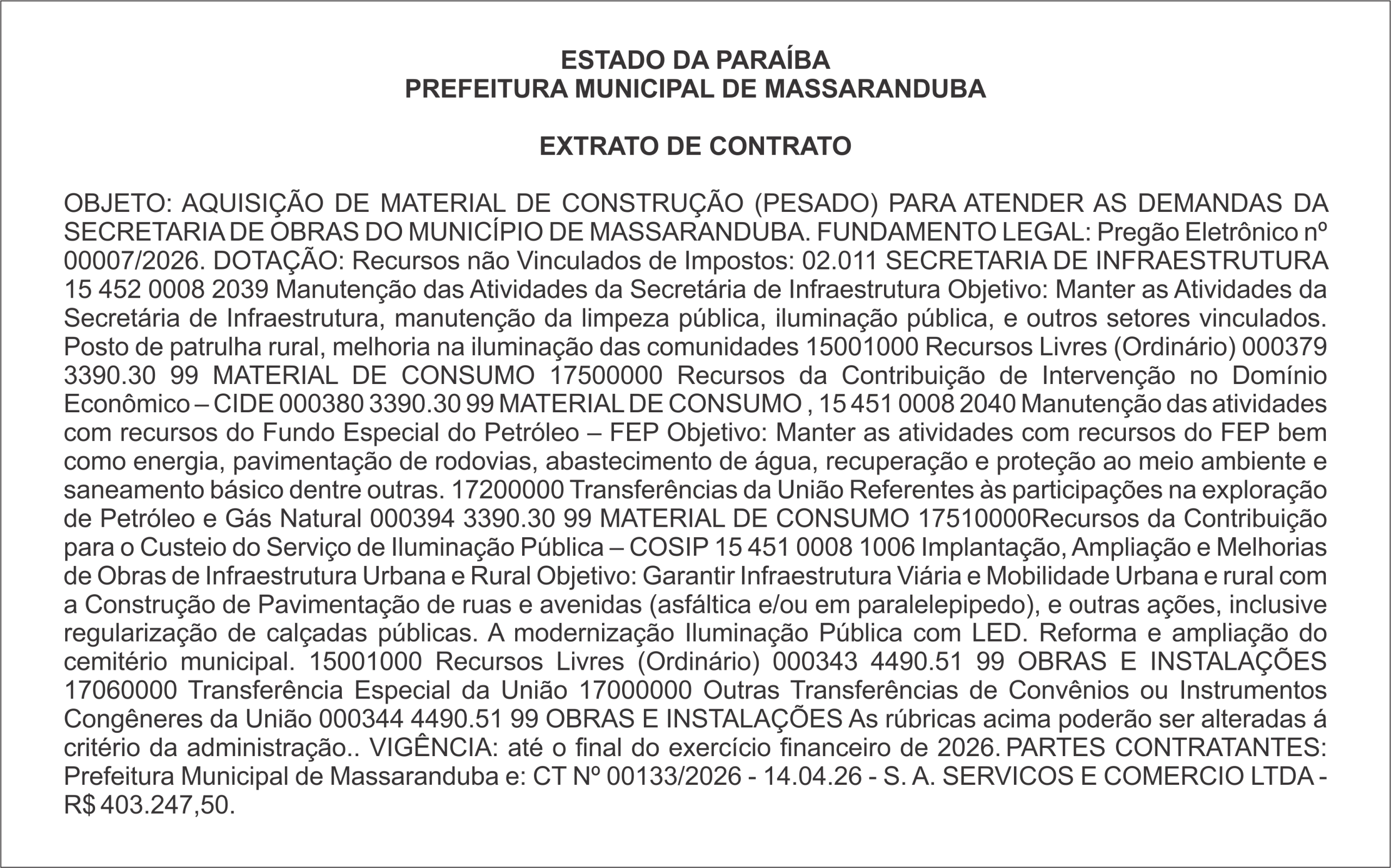 PREFEITURA MUNICIPAL DE MASSARANDUBA – EXTRATO DE CONTRATO