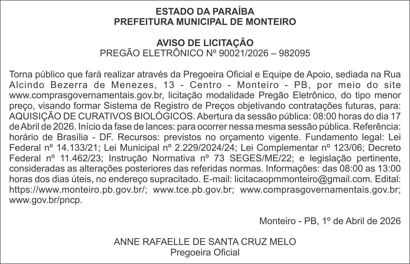 PREFEITURA MUNICIPAL DE MONTEIRO – AVISO DE LICITAÇÃO – PREGÃO ELETRÔNICO Nº 90021/2026 – 982095