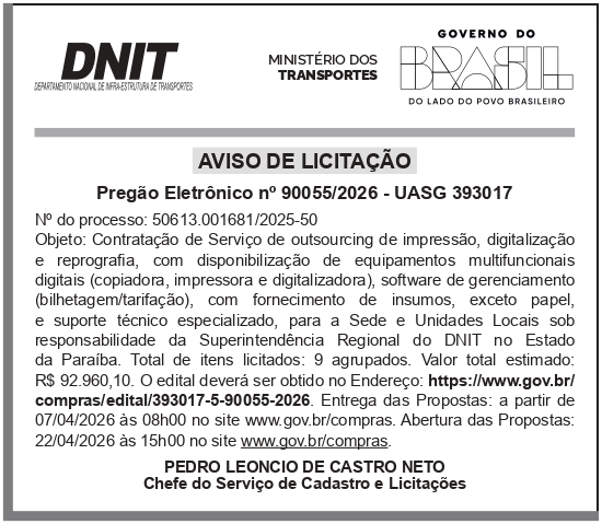 DNIT – PB – JOÃO PESSOA – Aviso de Licitação – Pregão Eletrônico No 90055/2026