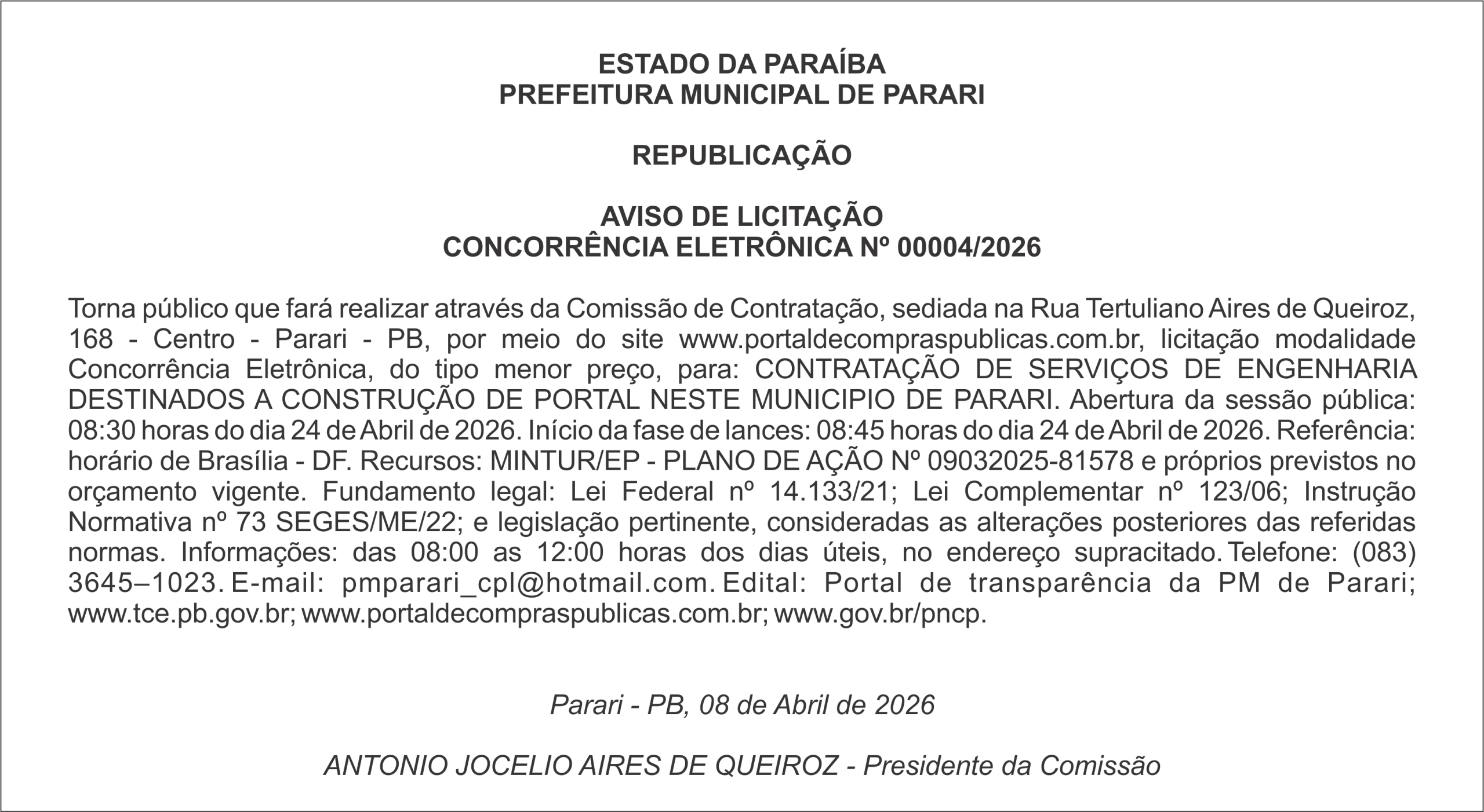 PREFEITURA MUNICIPAL DE PARARI – REPUBLICAÇÃO AVISO DE LICITAÇÃO CONCORRÊNCIA ELETRÔNICA Nº 00004/2026