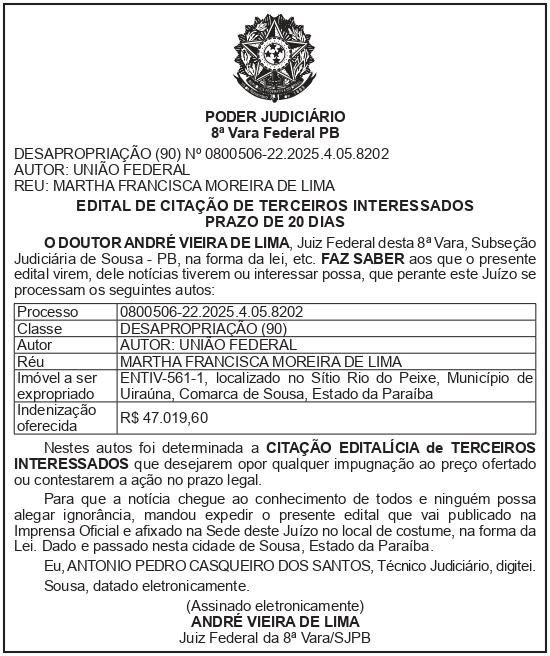 SECRETARIA NACIONAL DE SEGURANÇA HIDRICA – SNSH – MDR – DF – BRASÍLIA – Edital de Citação de Terceiro Interessado – ENTIV-561-1 (MARTHA FRANCISCA MOREIRA DE LIMA)
