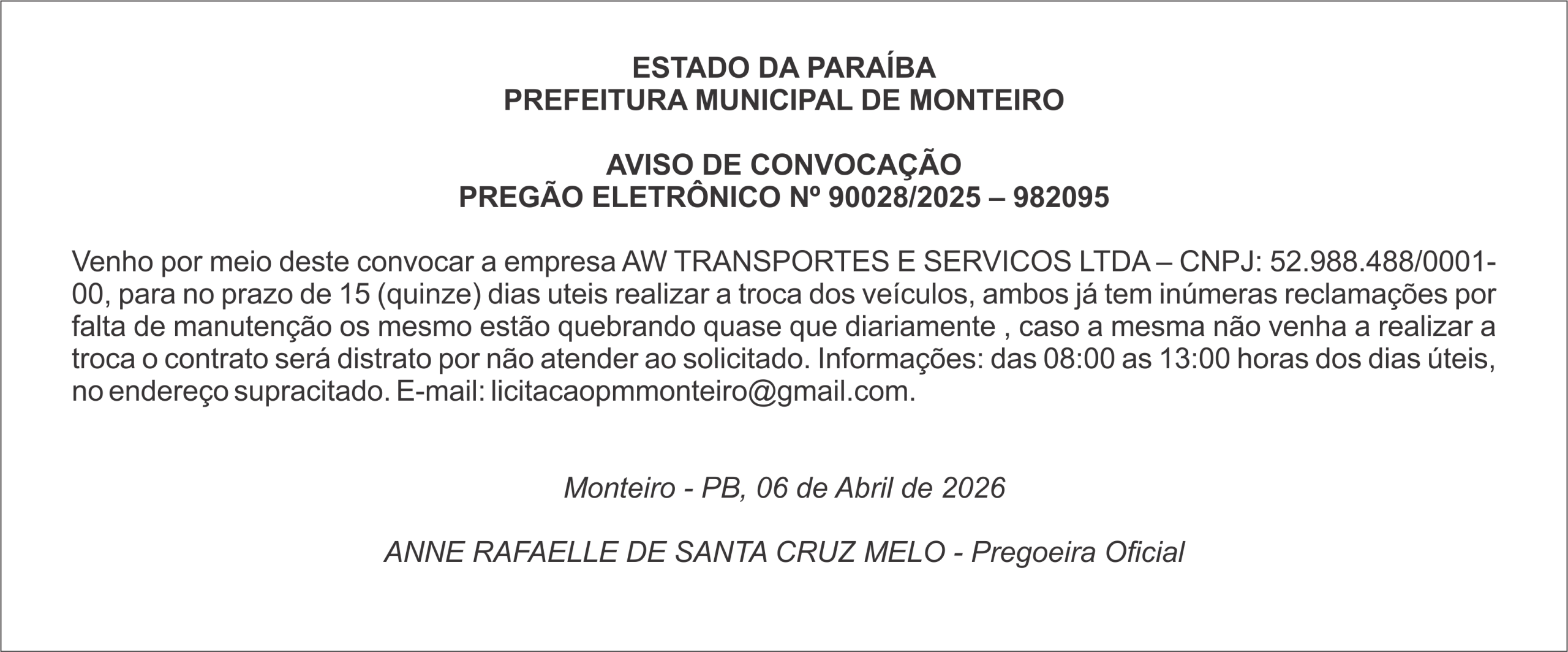 PREFEITURA MUNICIPAL DE MONTEIRO – AVISO DE CONVOCAÇÃO – PREGÃO ELETRÔNICO Nº 90028/2025 – 982095