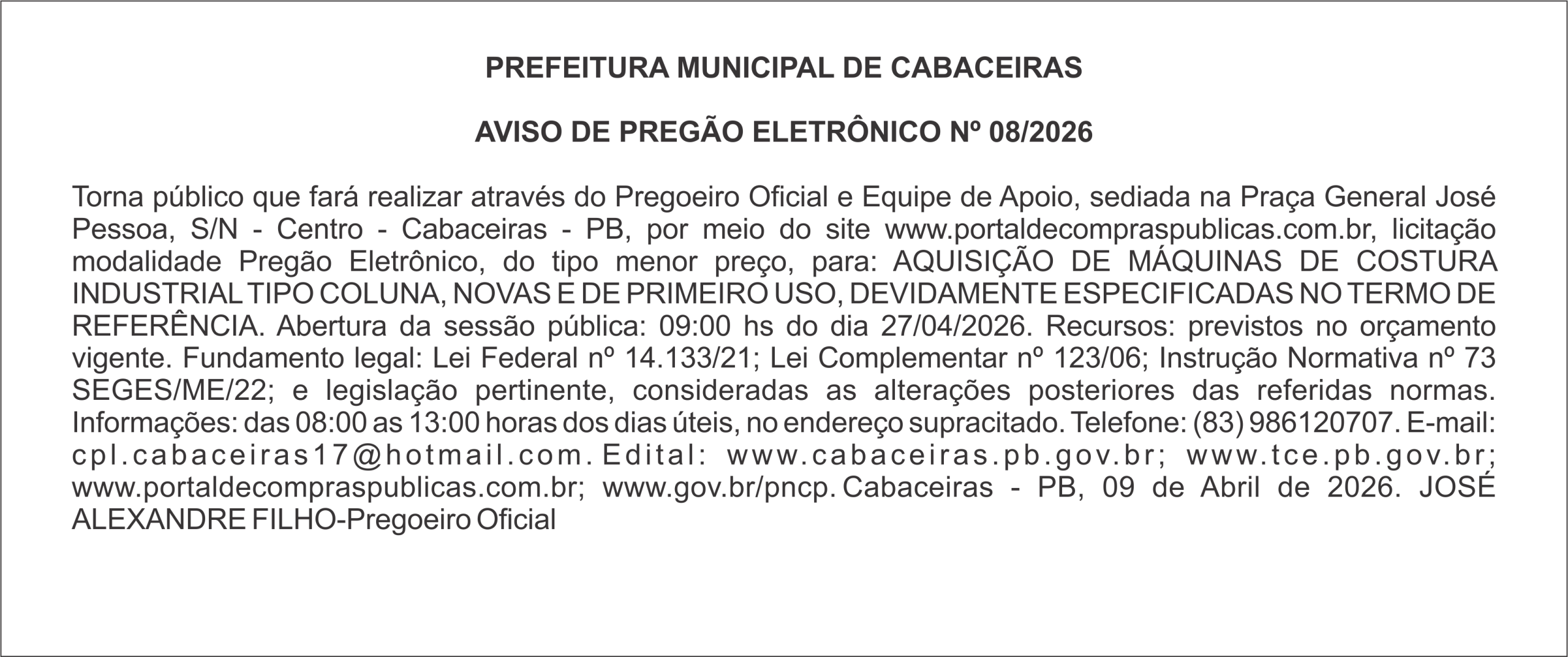 PREFEITURA MUNICIPAL DE CABACEIRAS – AVISO DE PREGÃO ELETRÔNICO Nº 08/2026
