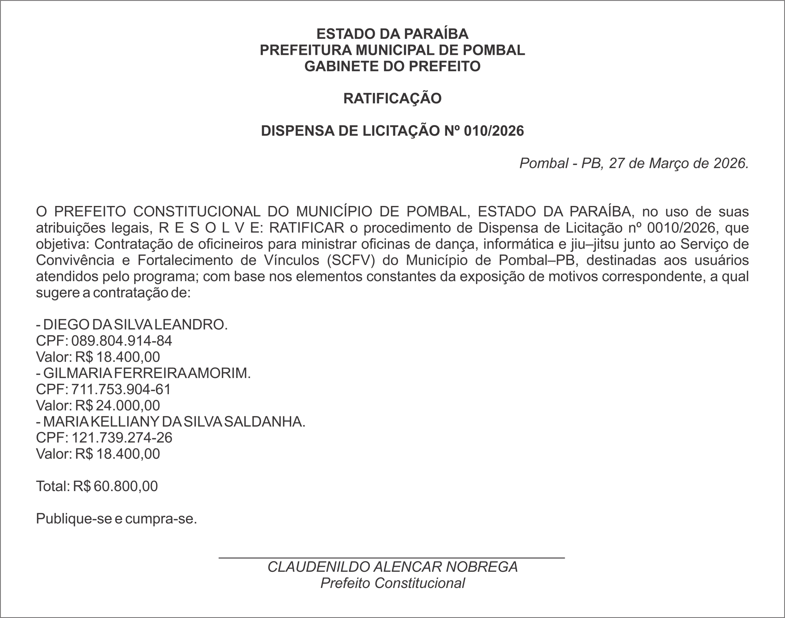 PREFEITURA MUNICIPAL DE POMBAL – RATIFICAÇÃO – DISPENSA DE LICITAÇÃO Nº 010/2026